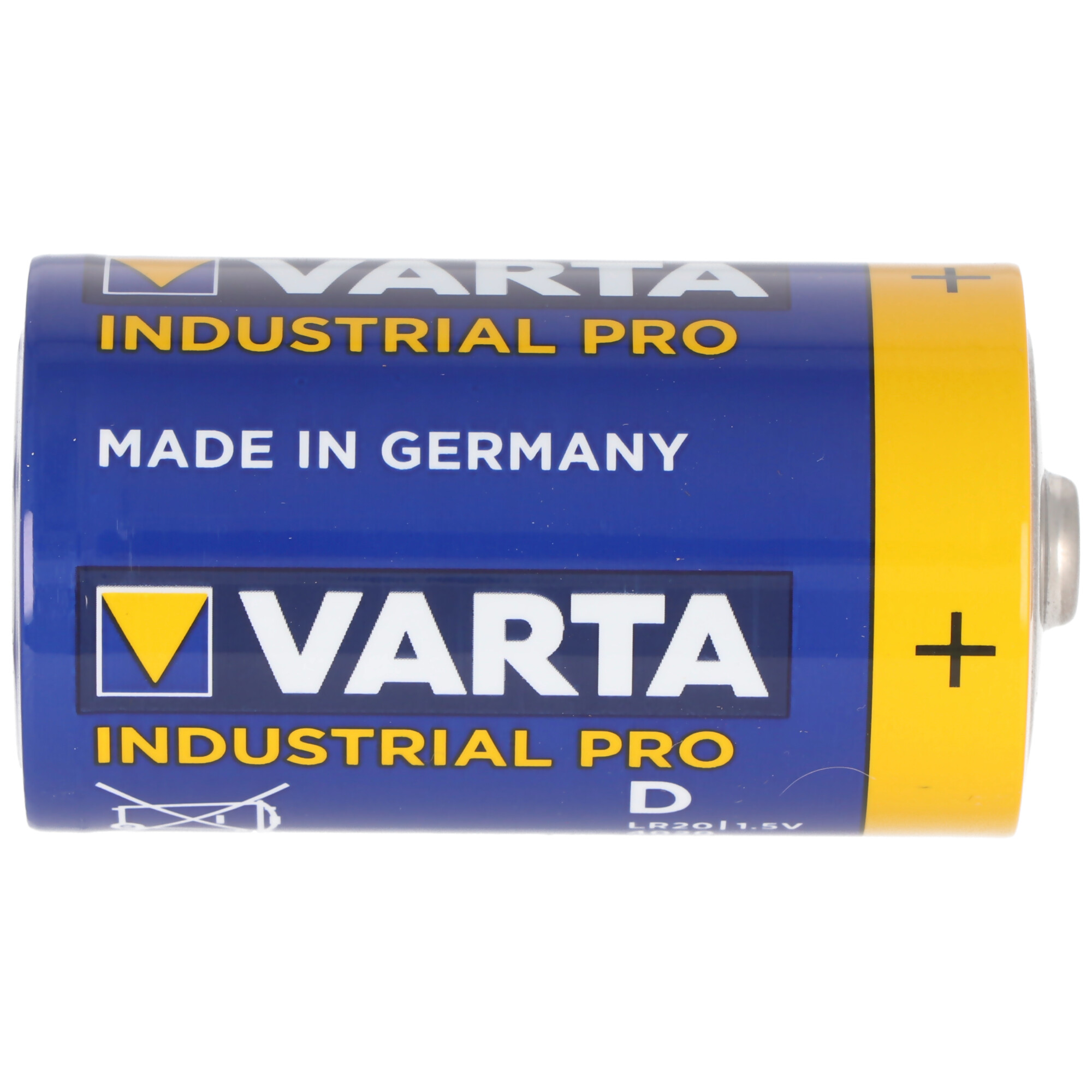 Blaue Varta D-Batterie. Text: Industrial Pro, Made in Germany. Gelbes Ende mit Pluszeichen.