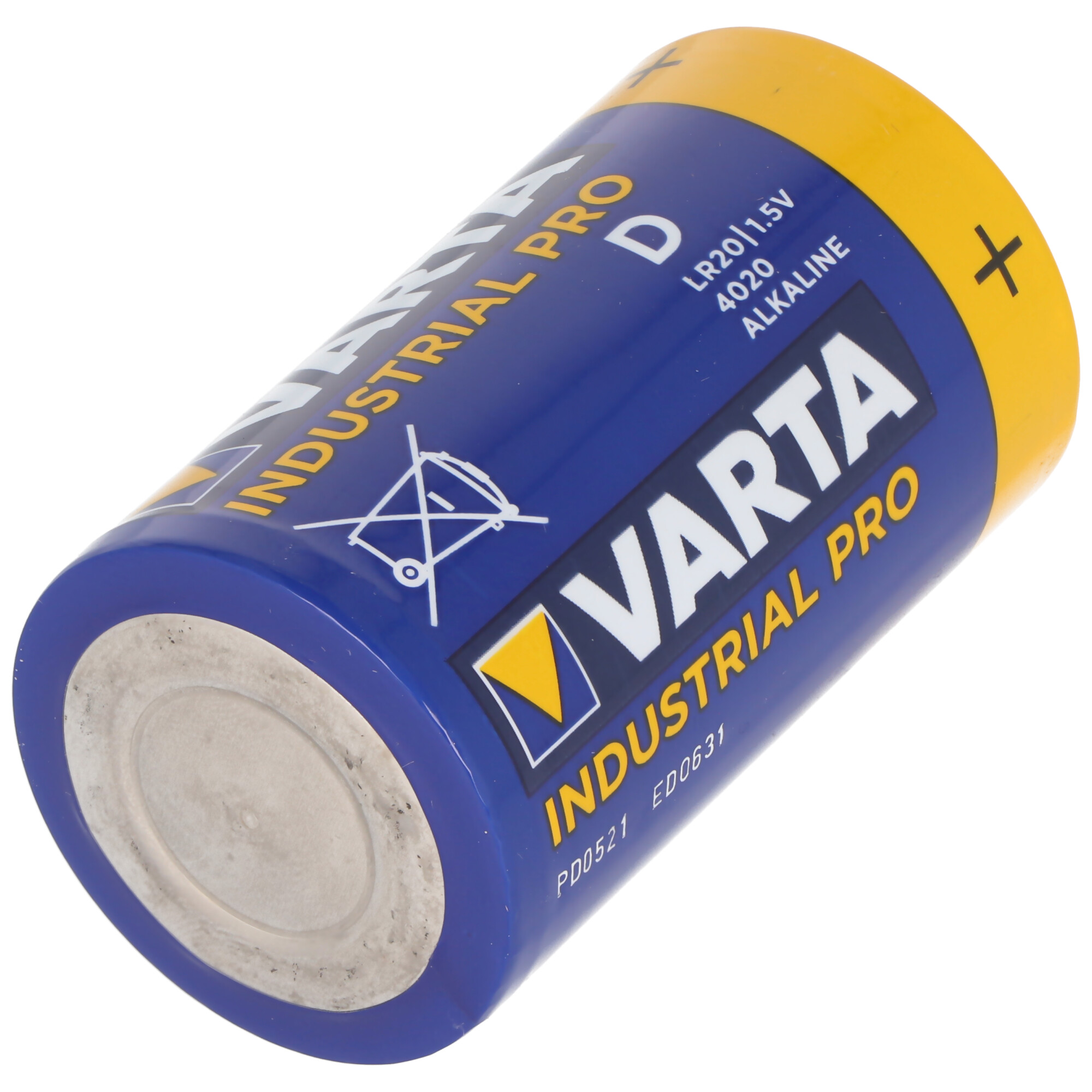 Blaue und gelbe Varta Industrial Pro Batterie, isoliert auf weißem Hintergrund.