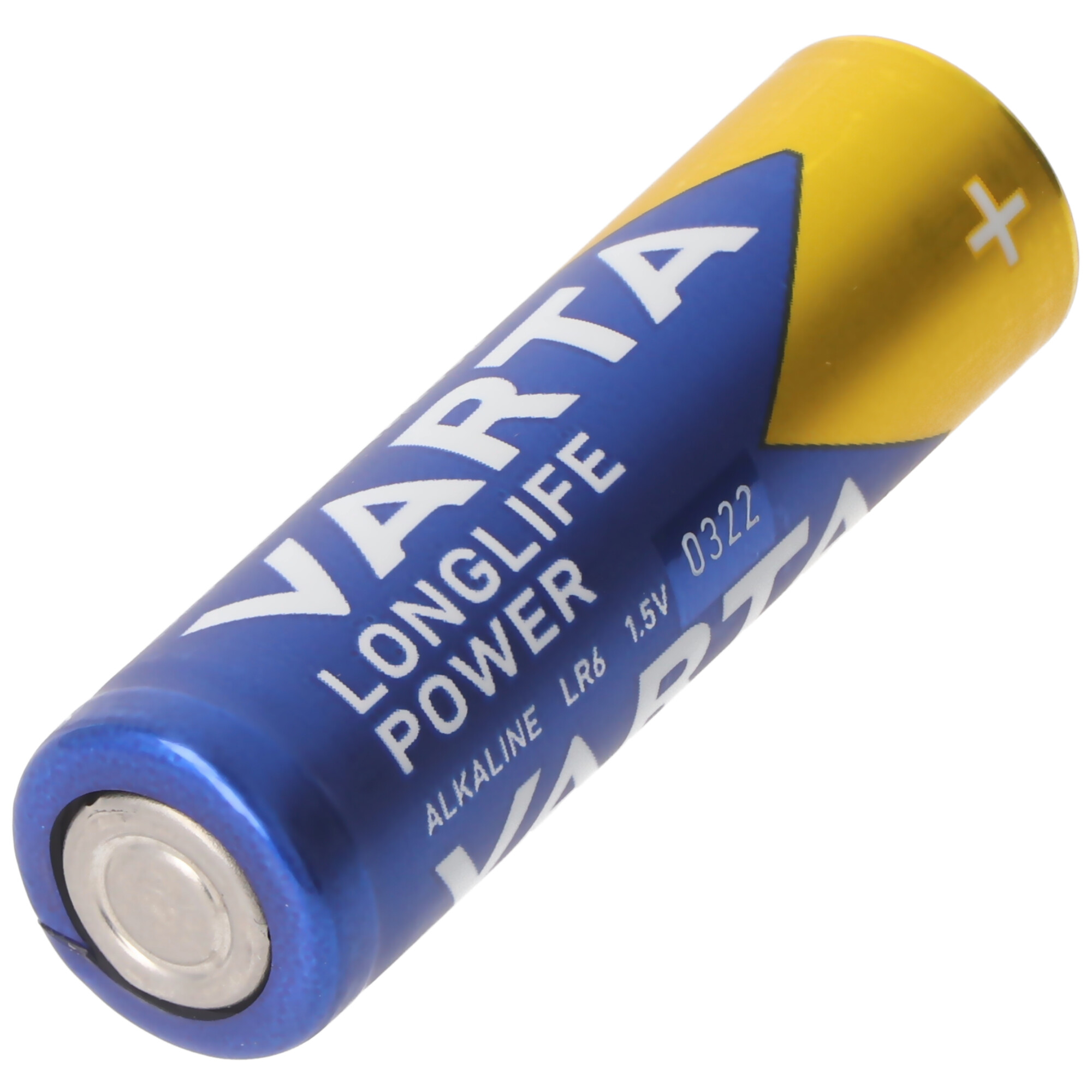 Blaue und gelbe VARTA Longlife Power AA Batterie.