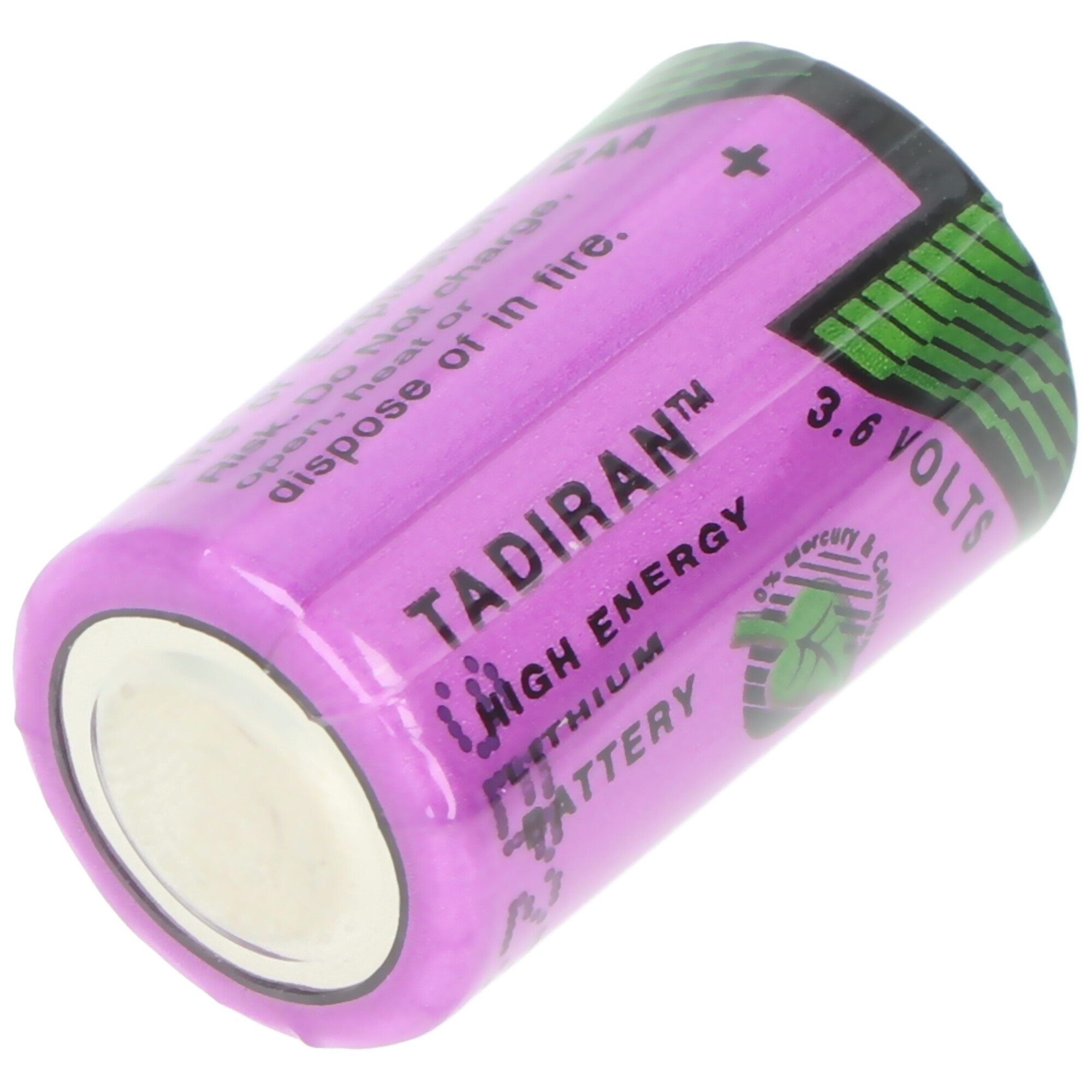 Eine Tadiram-Batterie wird schräg gezeigt. Sie ist zylindrisch, rosa und hat Text und Symbole.
