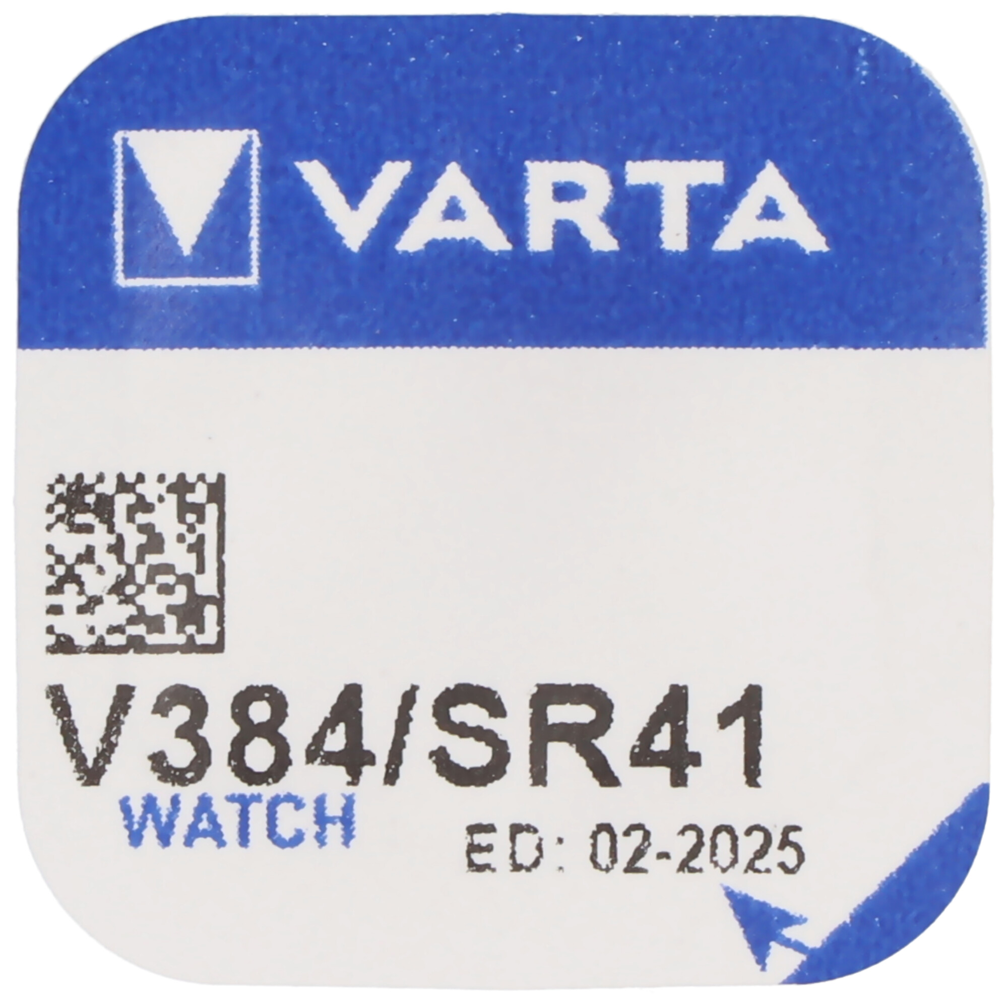 Ein VARTA-Batterieetikett mit blau-weißem Design, Produktdetails und Verfallsdatum.