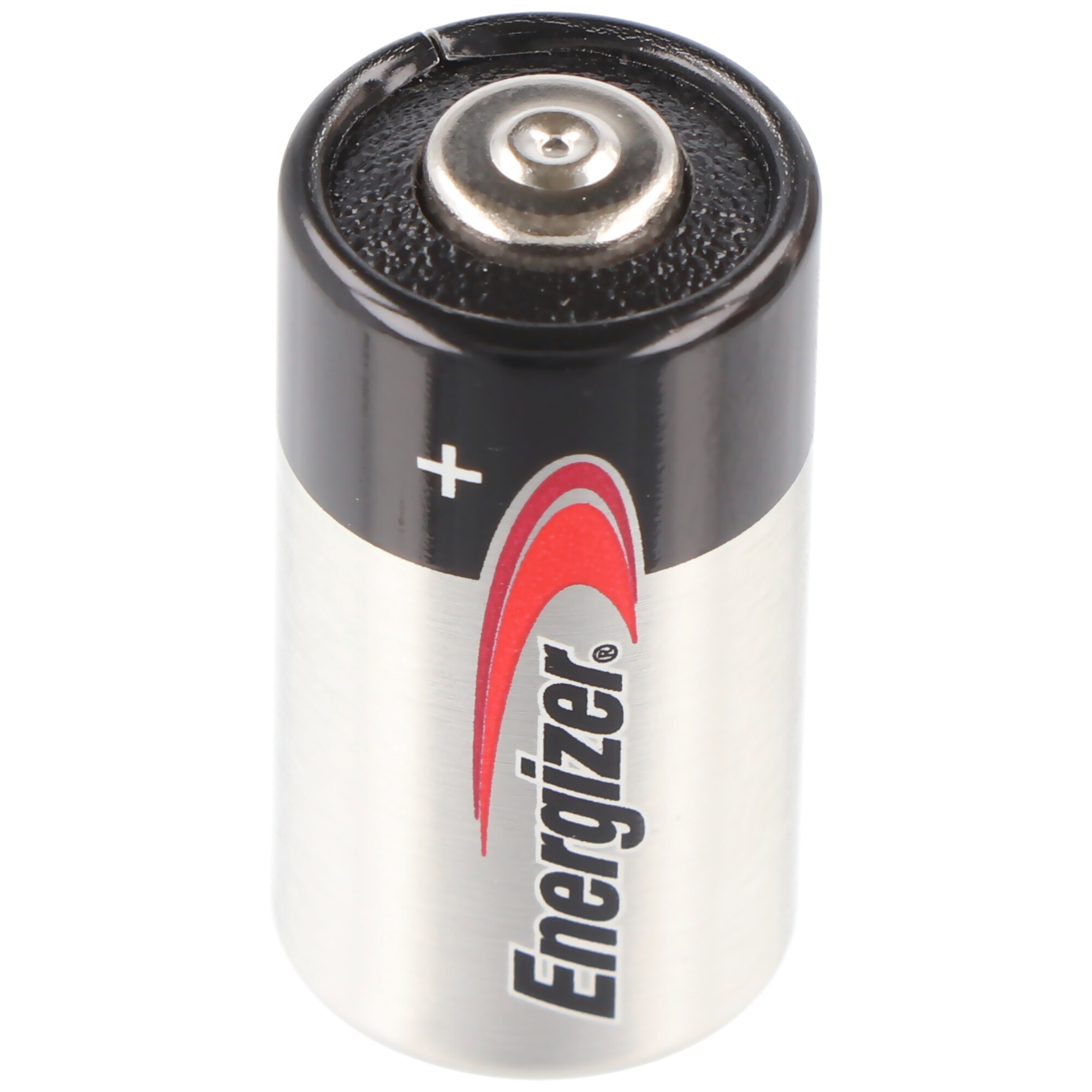 Eine zylindrische Energizer-Batterie. Sie ist silberfarben mit schwarzem Deckel und Energizer-Logo.