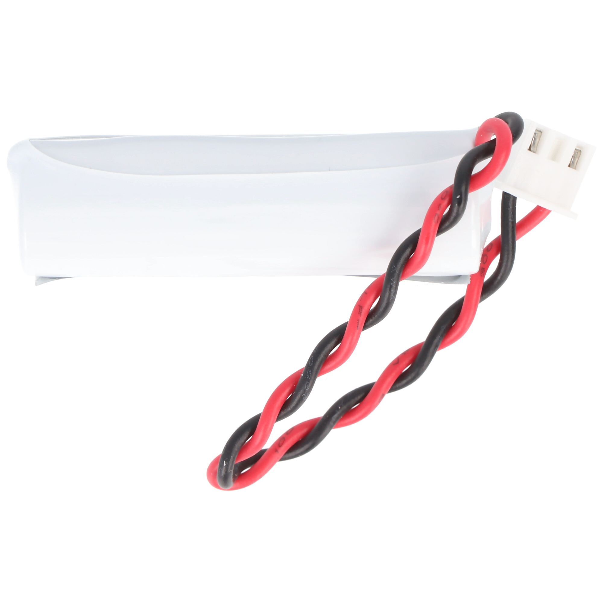 Weiße Batterie mit rot-schwarz verdrillten Drähten, die mit einem weißen Stecker verbunden sind.