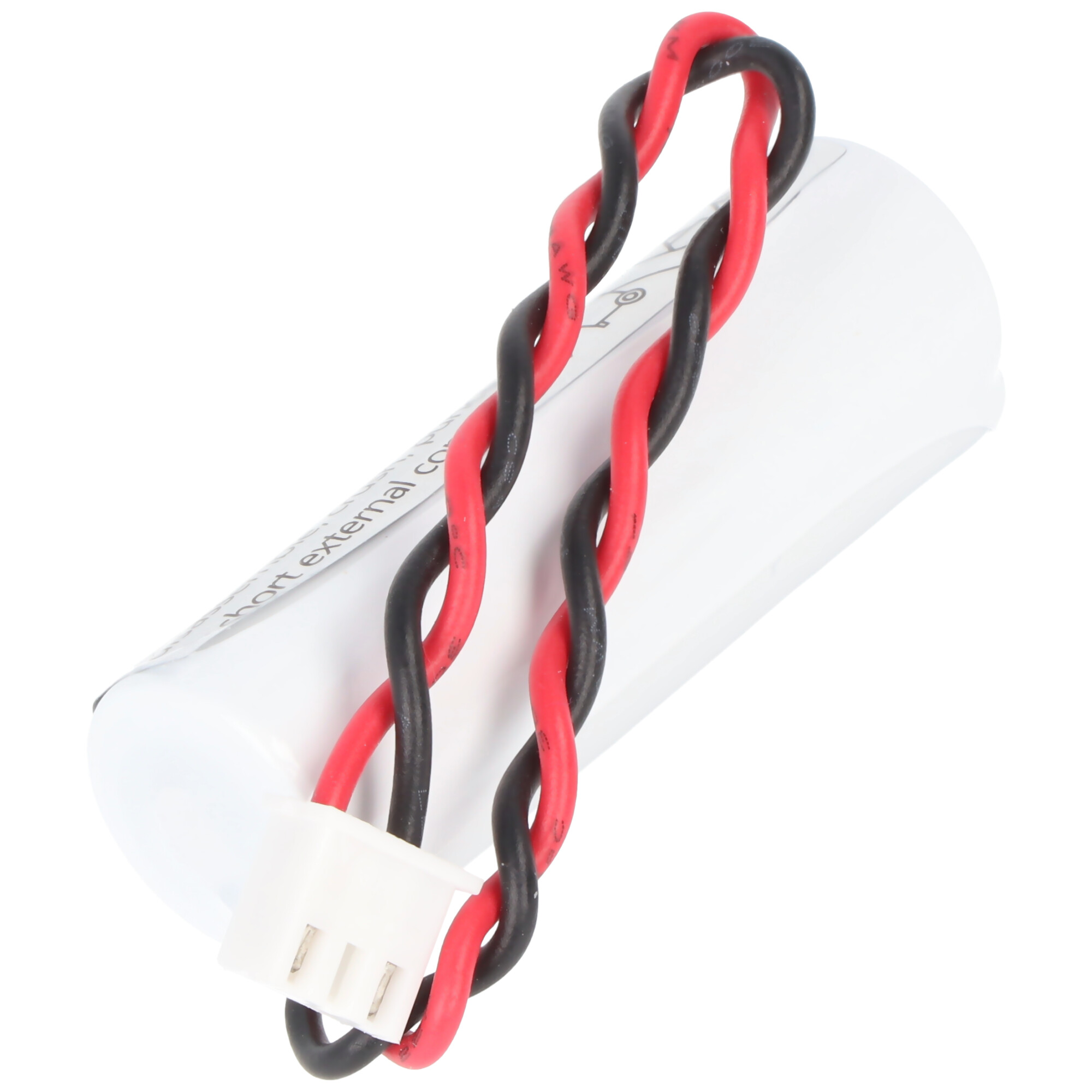 Kleine weiße Batterie mit rot-schwarzen, verdrillten Drähten und einem weißen Stecker.