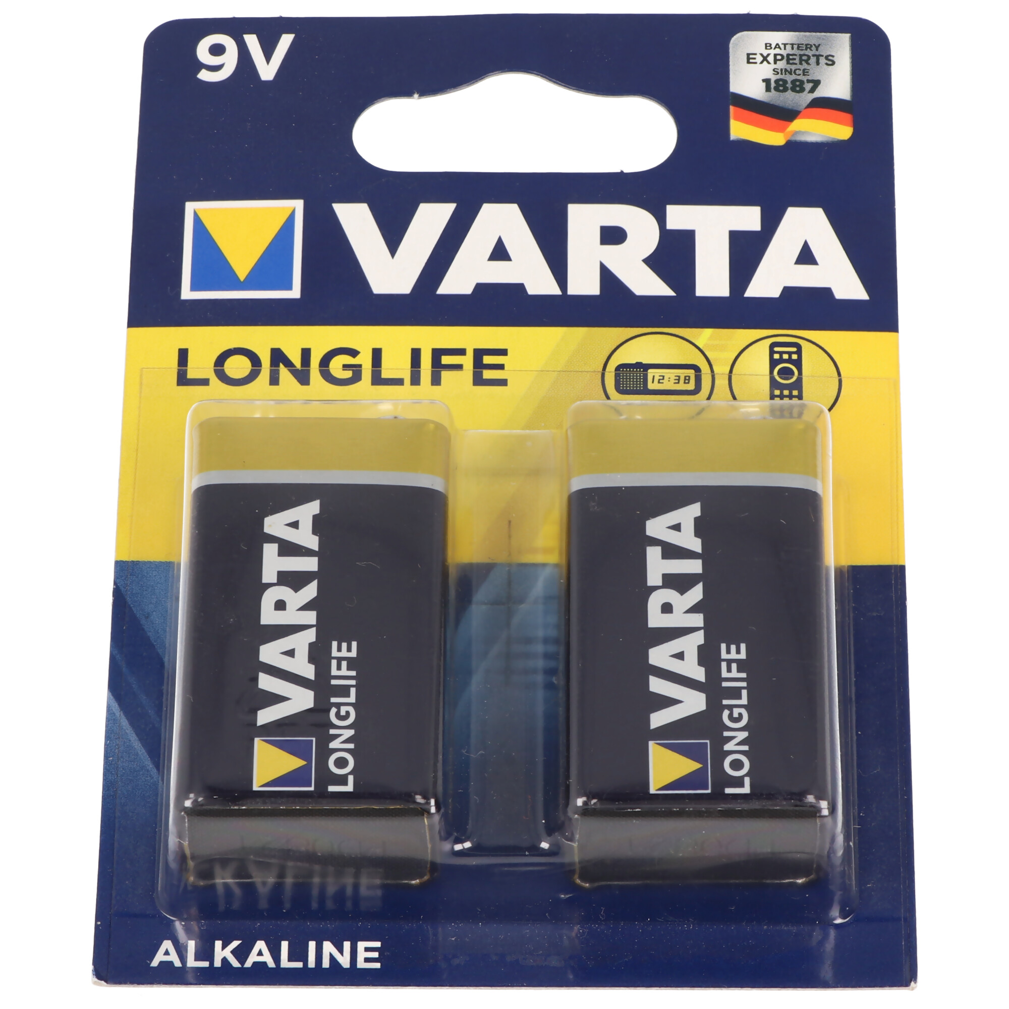 Un blister de deux piles Varta Longlife 9V. L'emballage est bleu et jaune.