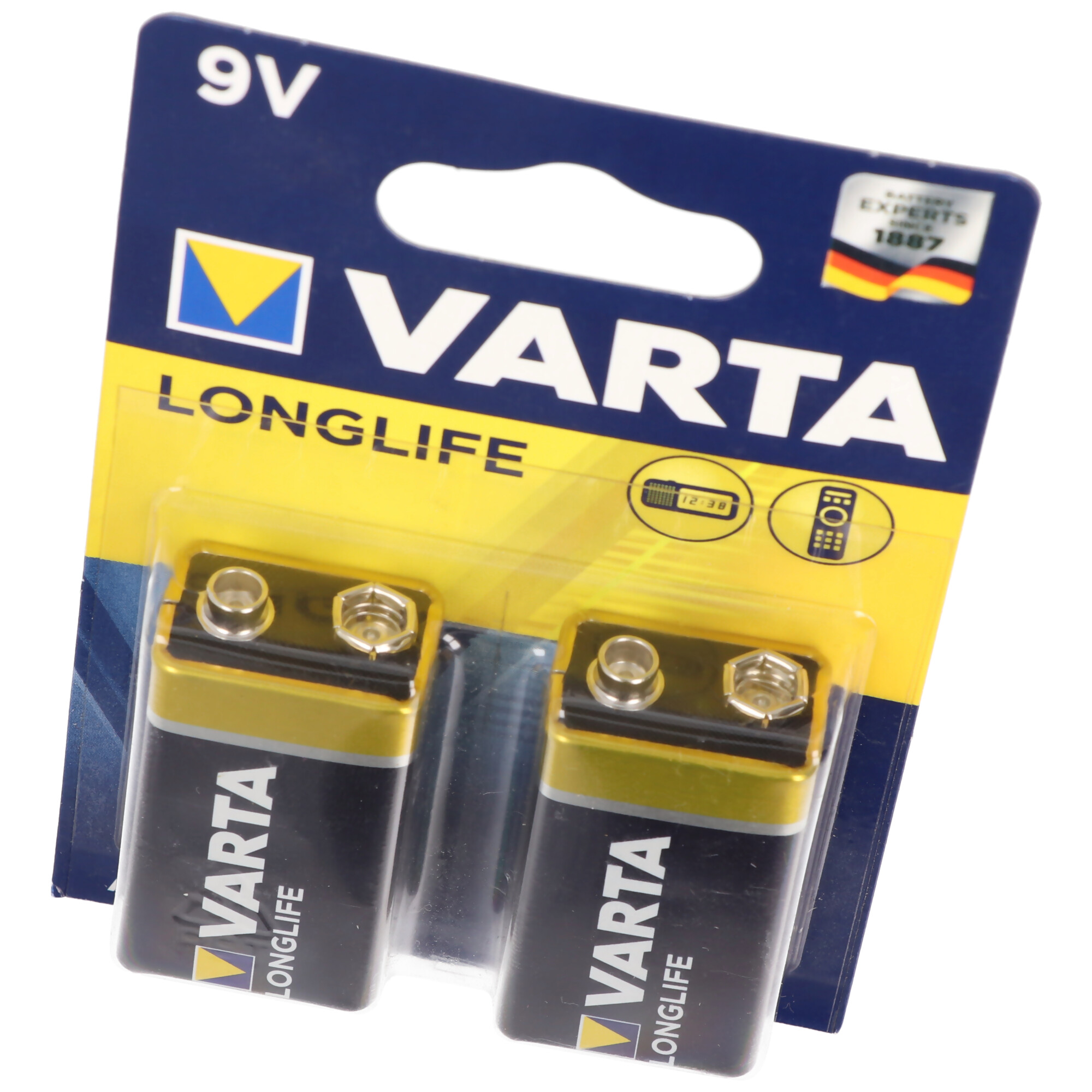 Deux piles Varta 9V dans un emballage. Les piles sont noires et dorées.