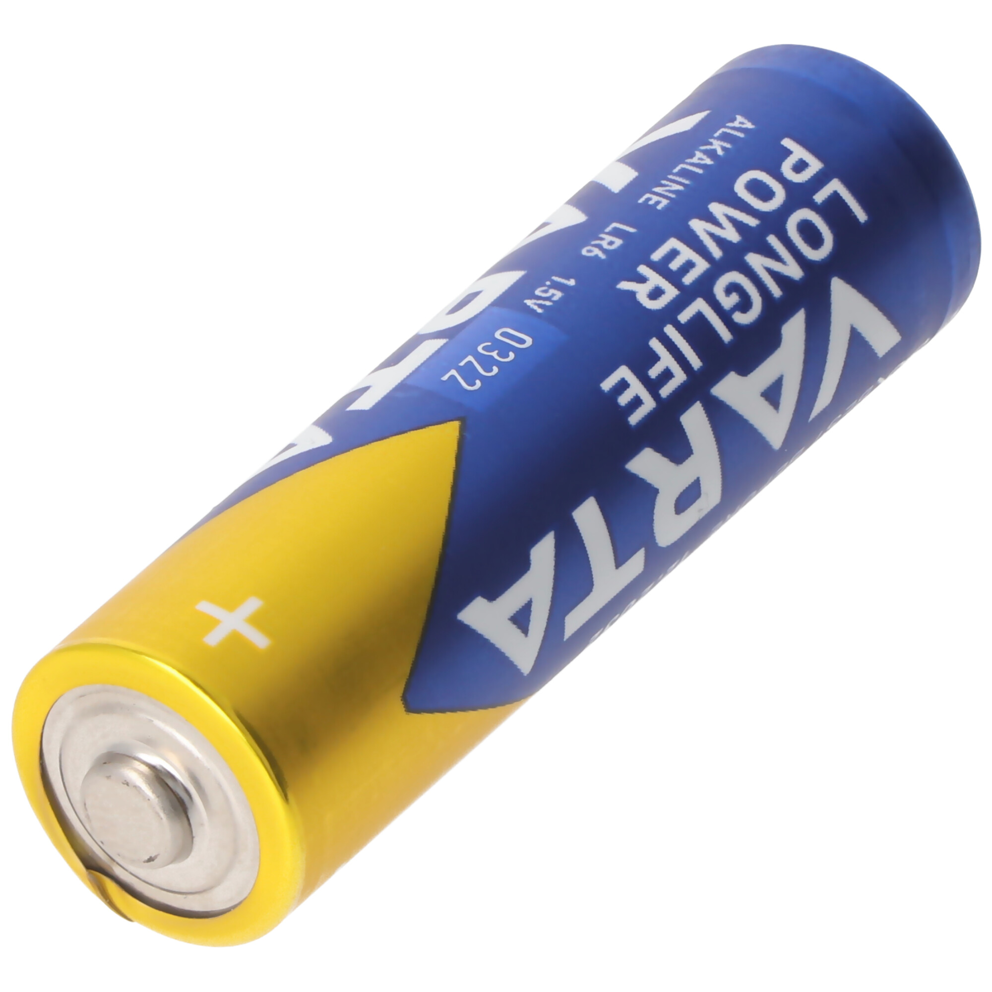 Eine blaue und gelbe VARTA-Batterie mit weißem Text. Die Batterie befindet sich auf weißem Hintergrund.