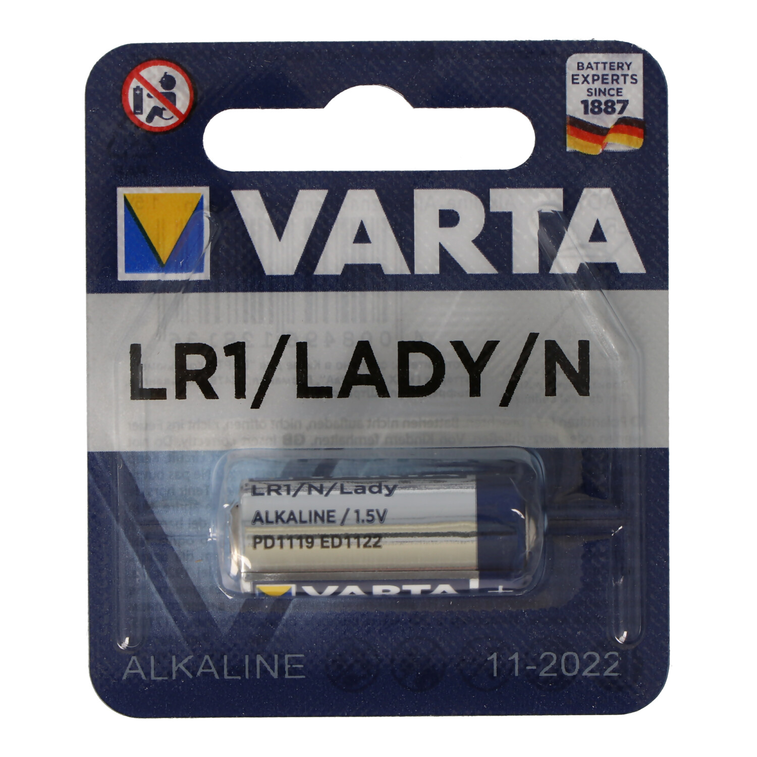 Eine Varta LR1/Lady/N Batteriepackung, mit sichtbarer Batterie. Es ist eine blaue und gelbe Batterie.