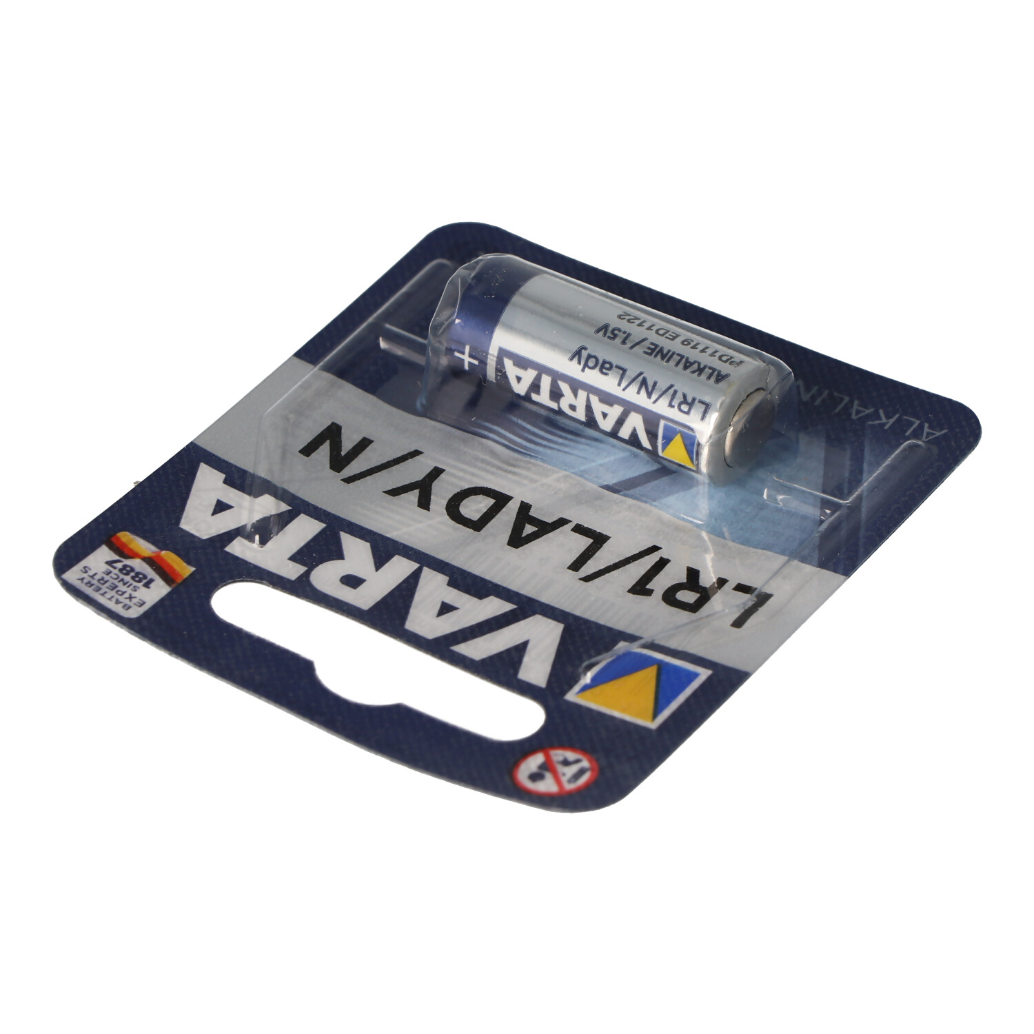 Varta LR1/N Batterie in Blisterpackung. Die Batterie ist silber und blau.