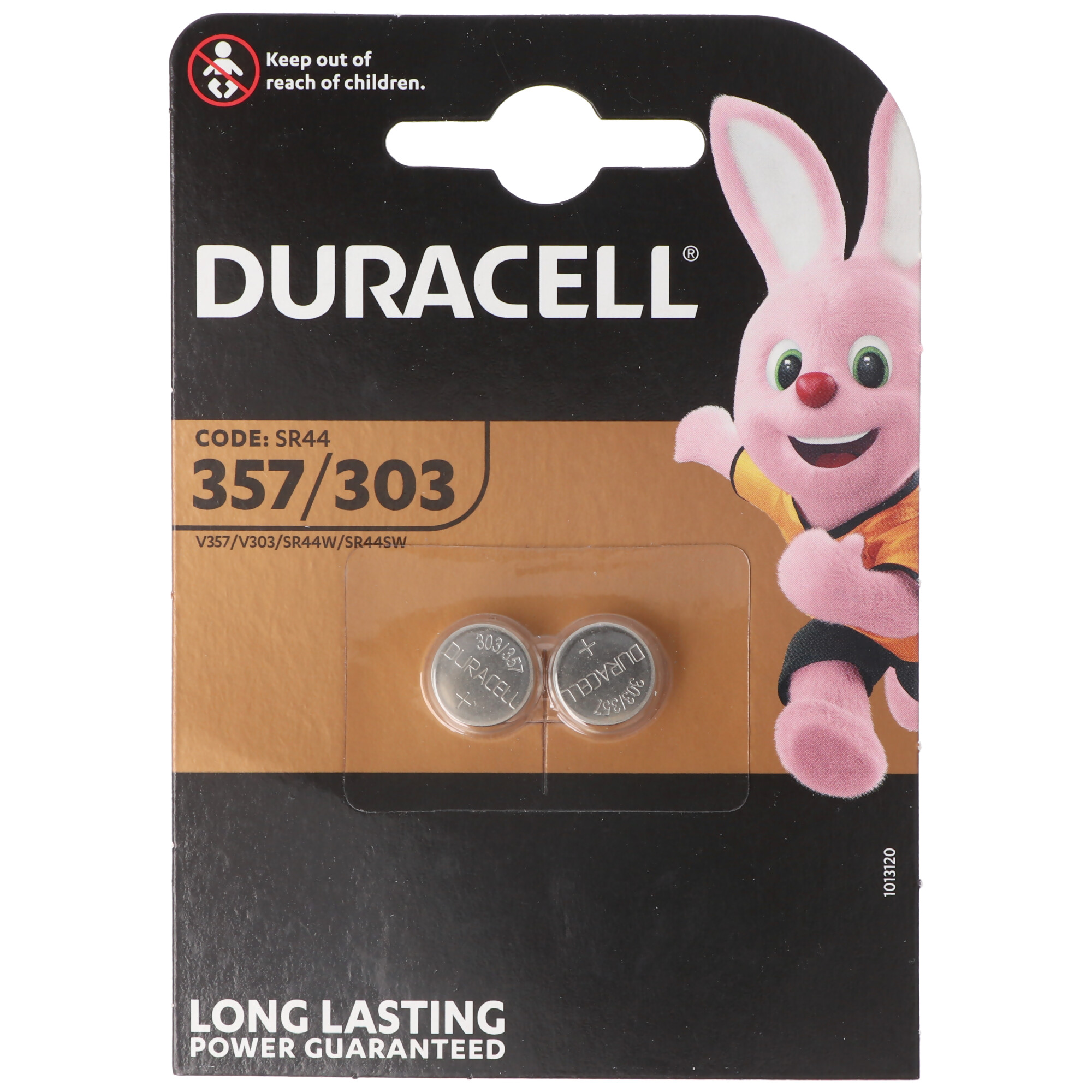 Duracell-Batteriepackung mit zwei Knopfzellen und einem rosa Hasen-Maskottchen.