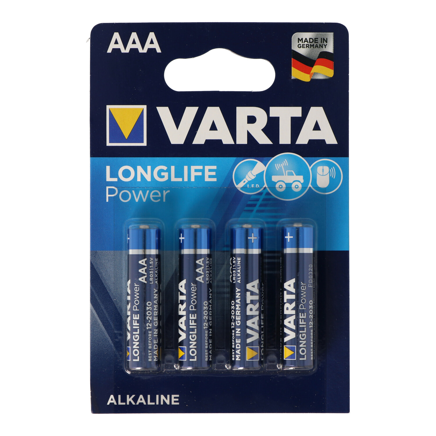 Eine Packung mit vier AAA Varta Longlife Power Batterien, mit blau-weißer Verpackung.