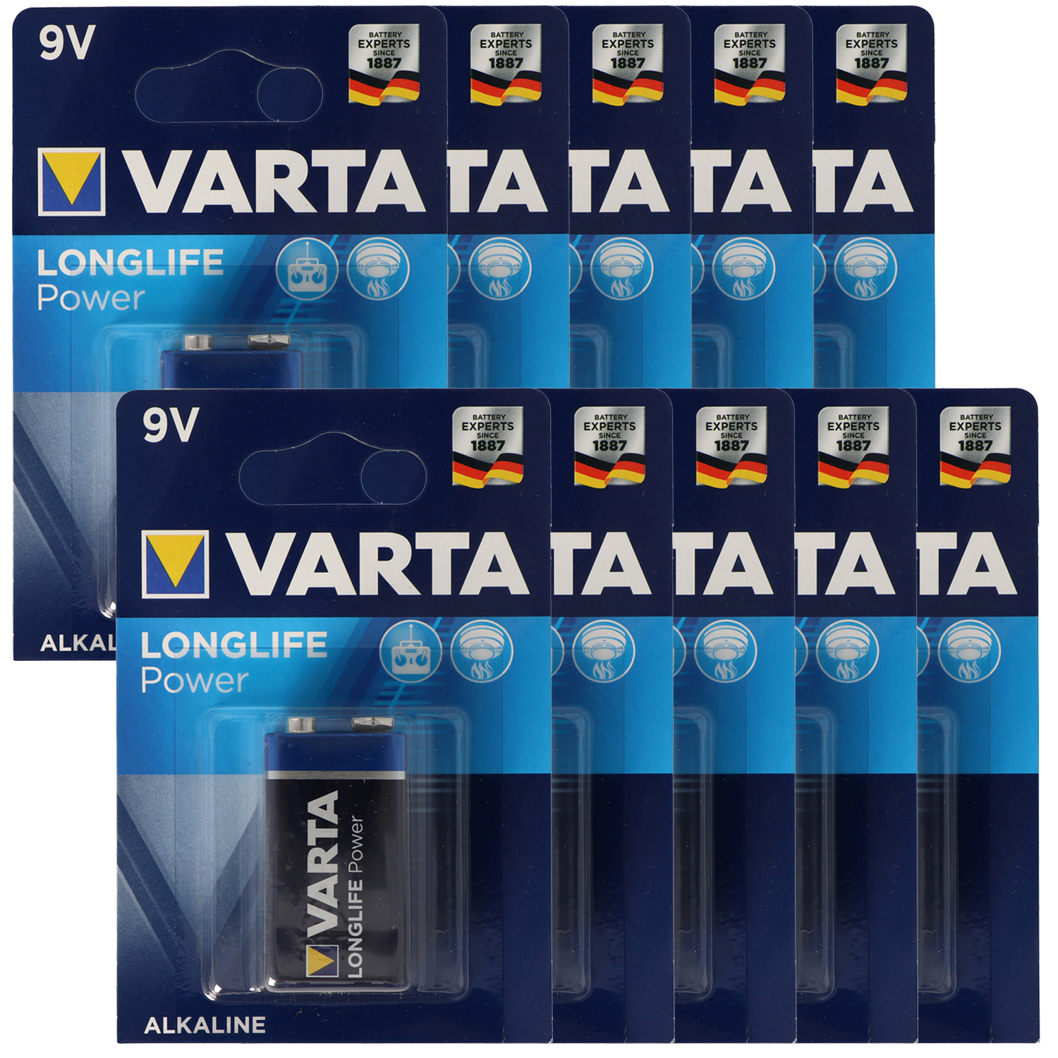 Mehrere Packungen Varta 9V Batterien. Die Packungen sind blau mit gelbem Varta-Logo.