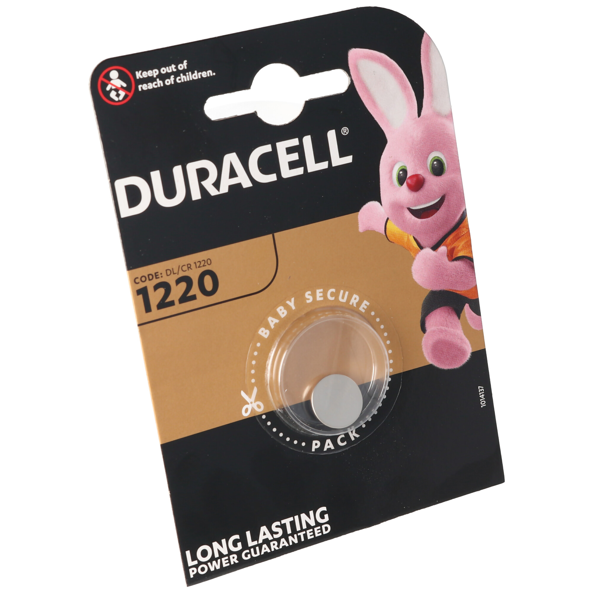 Eine Duracell-Batteriepackung mit einem rosa Hasen und einer silbernen Batterie darin.