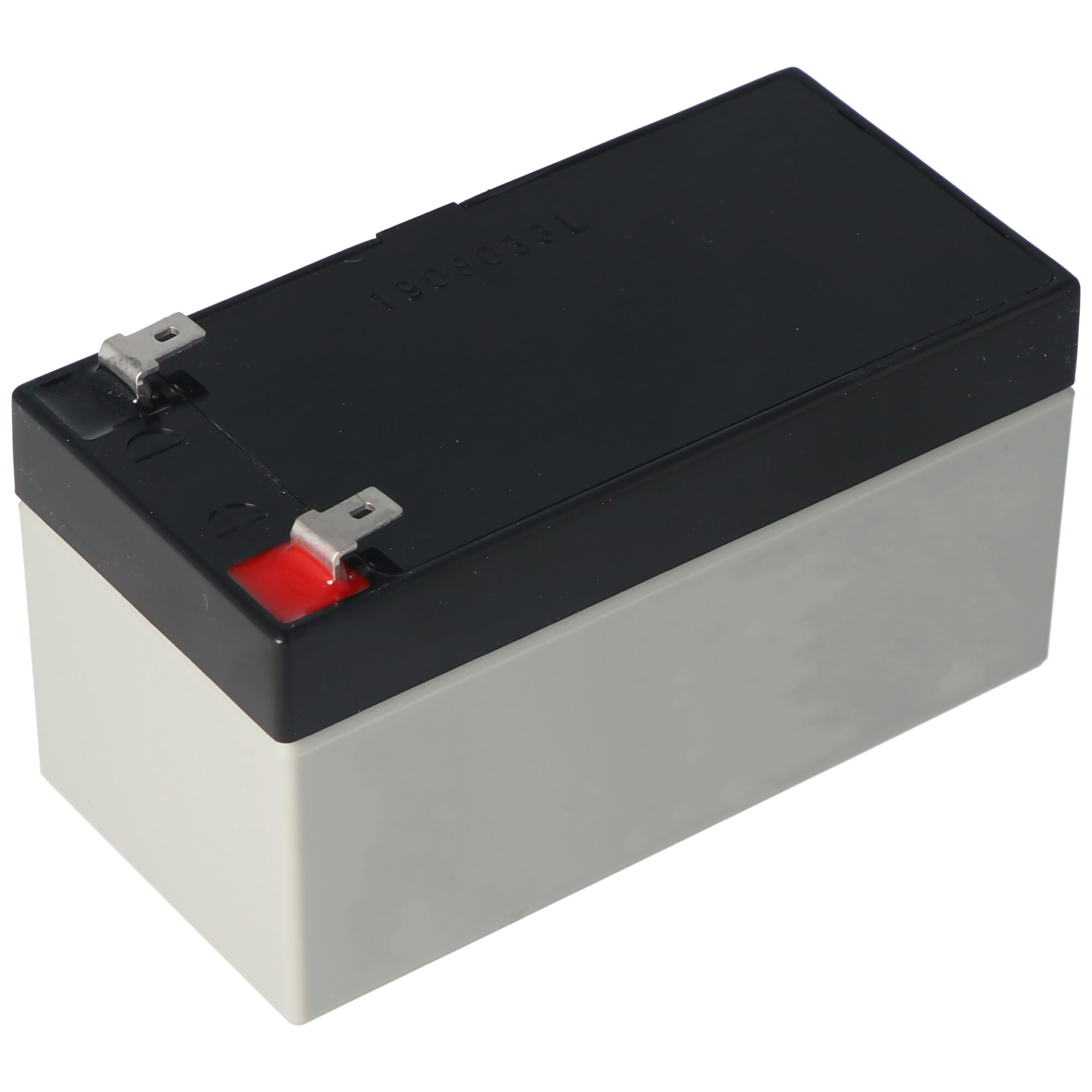 Eine rechteckige schwarze Batterie mit hellgrauer Basis, weißer Hintergrund.