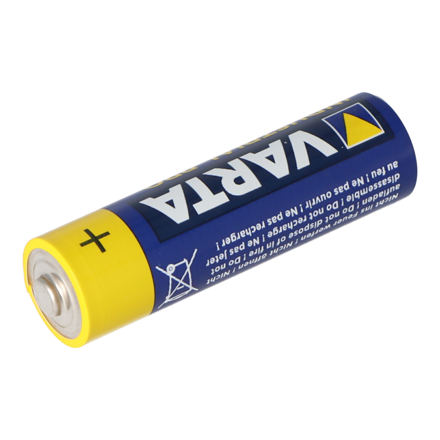 Eine Varta AA Batterie. Die Batterie ist zylindrisch und hat blaue und gelbe Farben. Weißer Hintergrund.
