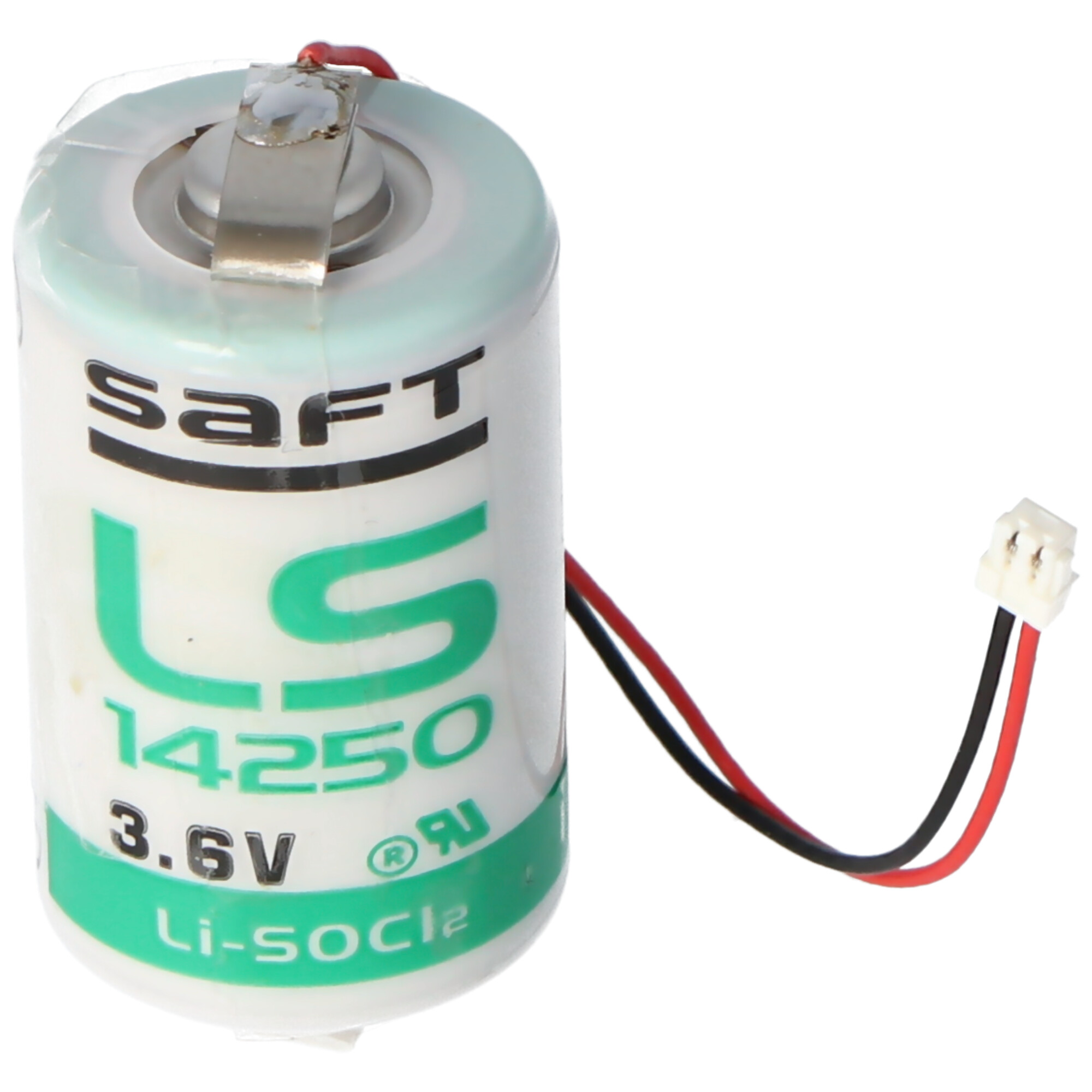 Eine Saft LS 14250 3,6V Batterie mit Kabeln. Sie ist auf weißem Hintergrund.