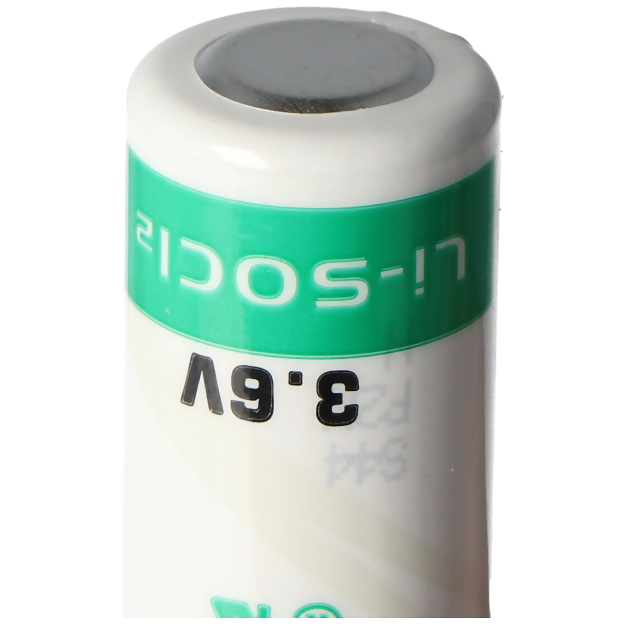 Eine Batterie mit grünem Streifen und dem Text '3.6V Li-SOCl2'.