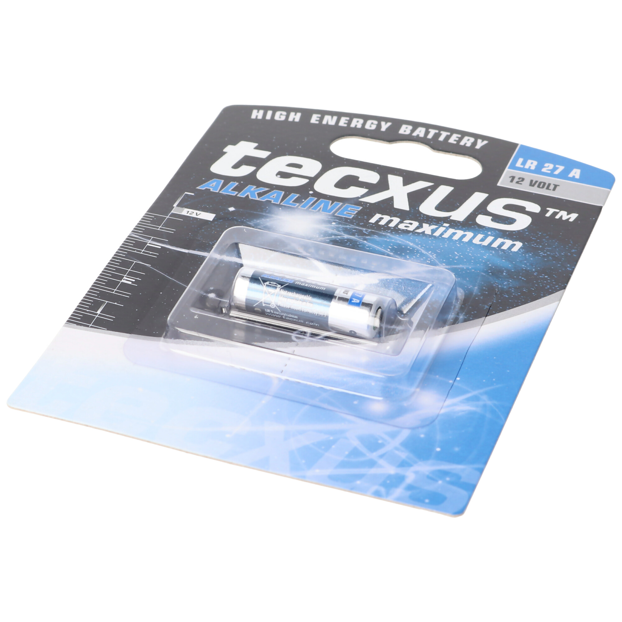 Eine Blisterpackung mit einer kleinen zylindrischen Batterie, beschriftet mit 'tecxus maximum'.