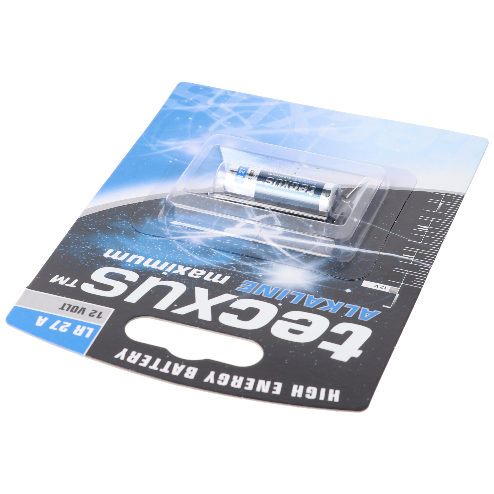Batterie in einer Blisterpackung. Die Packung trägt die Aufschrift Tecxus Alkaline maximum 12V.