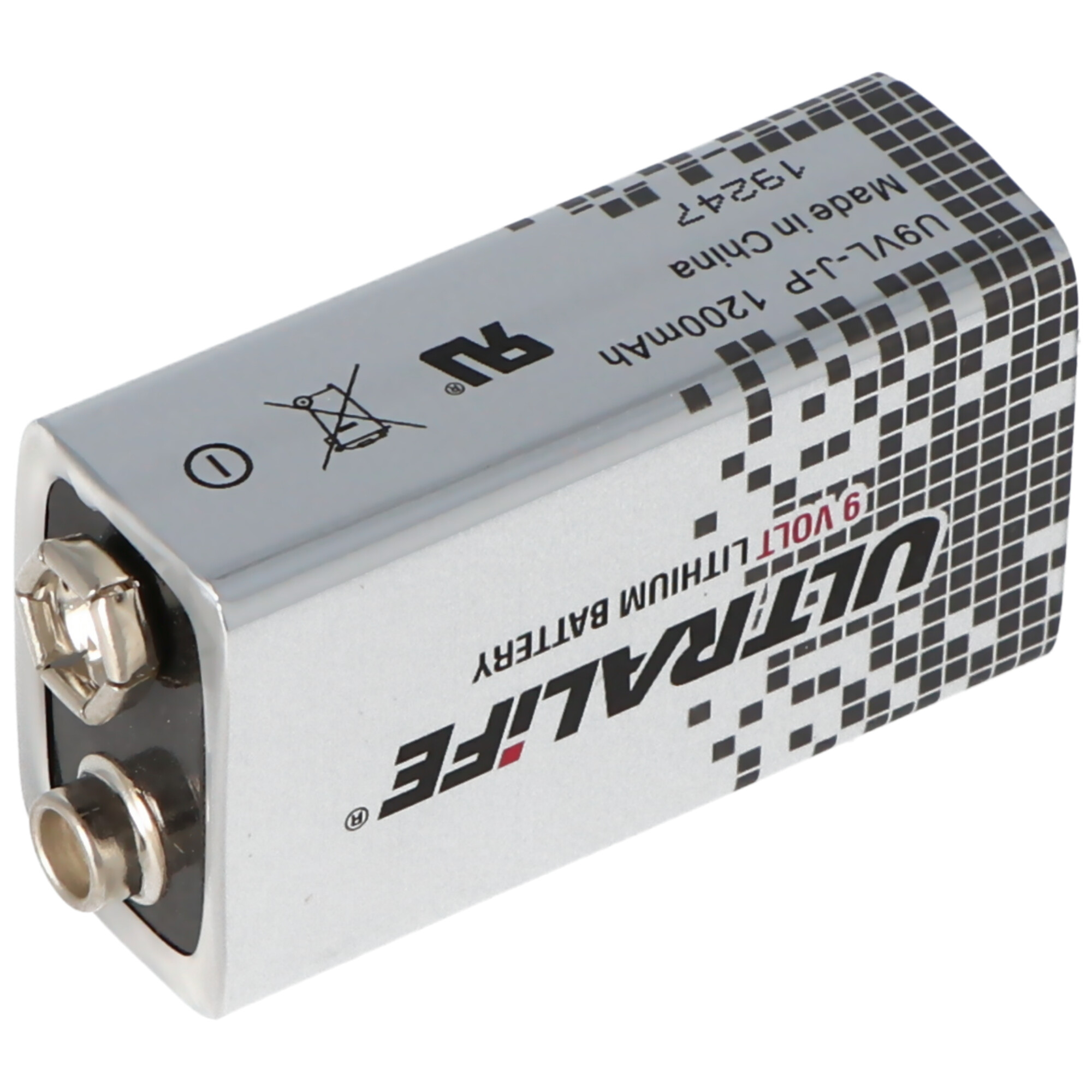 UltaLife 9-Volt-Lithiumbatterie, silberfarben, mit Schwarz-Weiß-Details.
