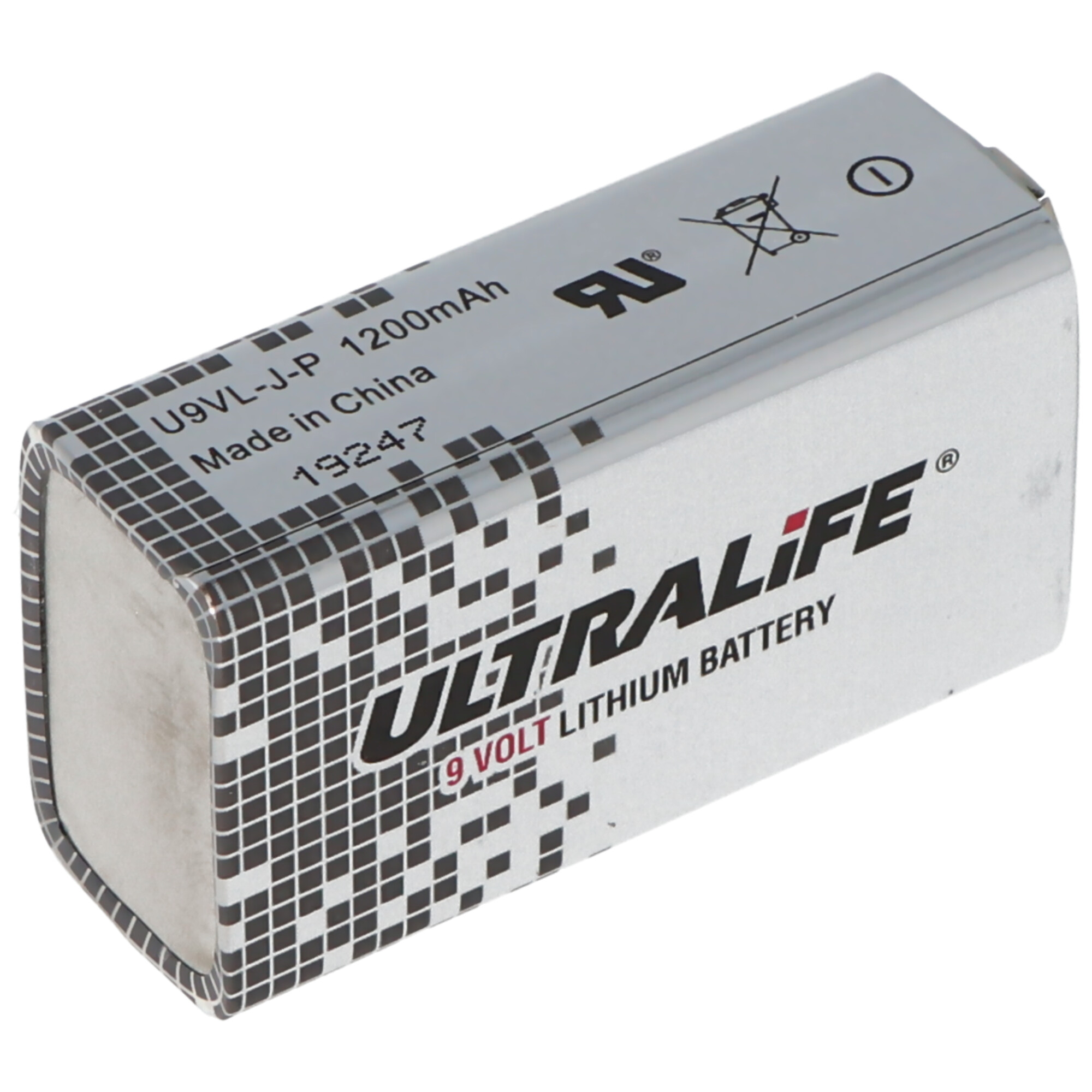 Eine 9-Volt-Lithiumbatterie mit Text und Sicherheitssymbolen.