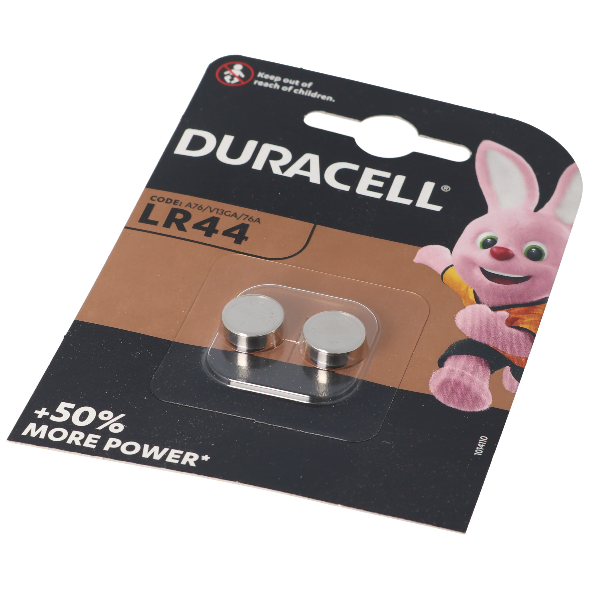 Duracell LR44 Batterien in einer Blisterpackung, mit einer Hasenillustration.
