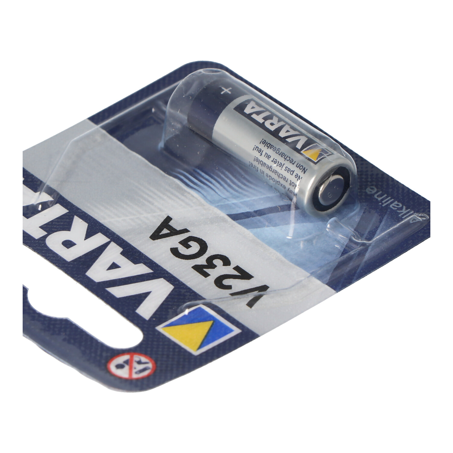 Eine Varta V23GA Batterie in ihrer Verpackung, zeigt die Batterie und Verpackungsdetails.
