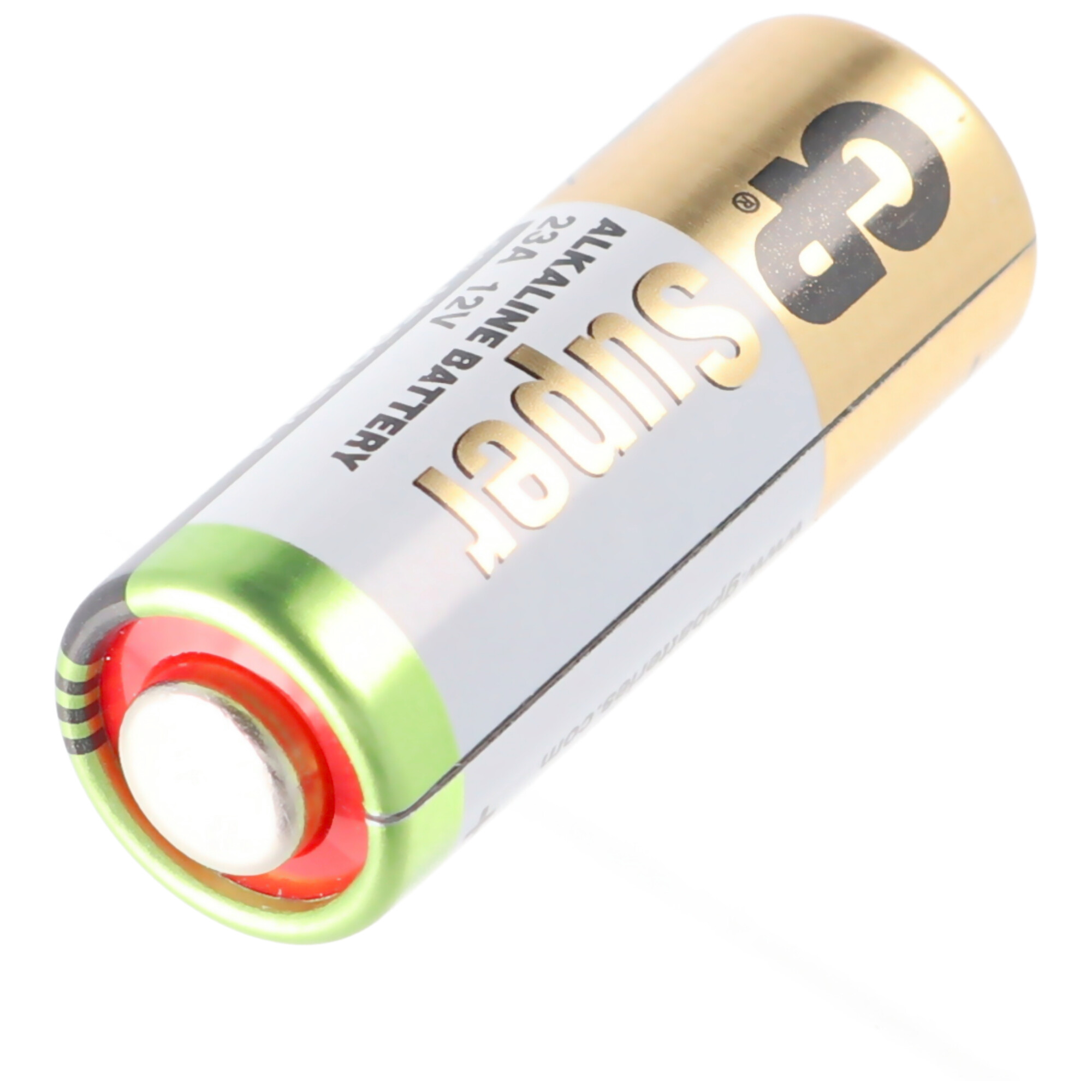 Alkaline-Batterie mit Gold- und Grüntönen. Text: Super. Weißer Hintergrund.
