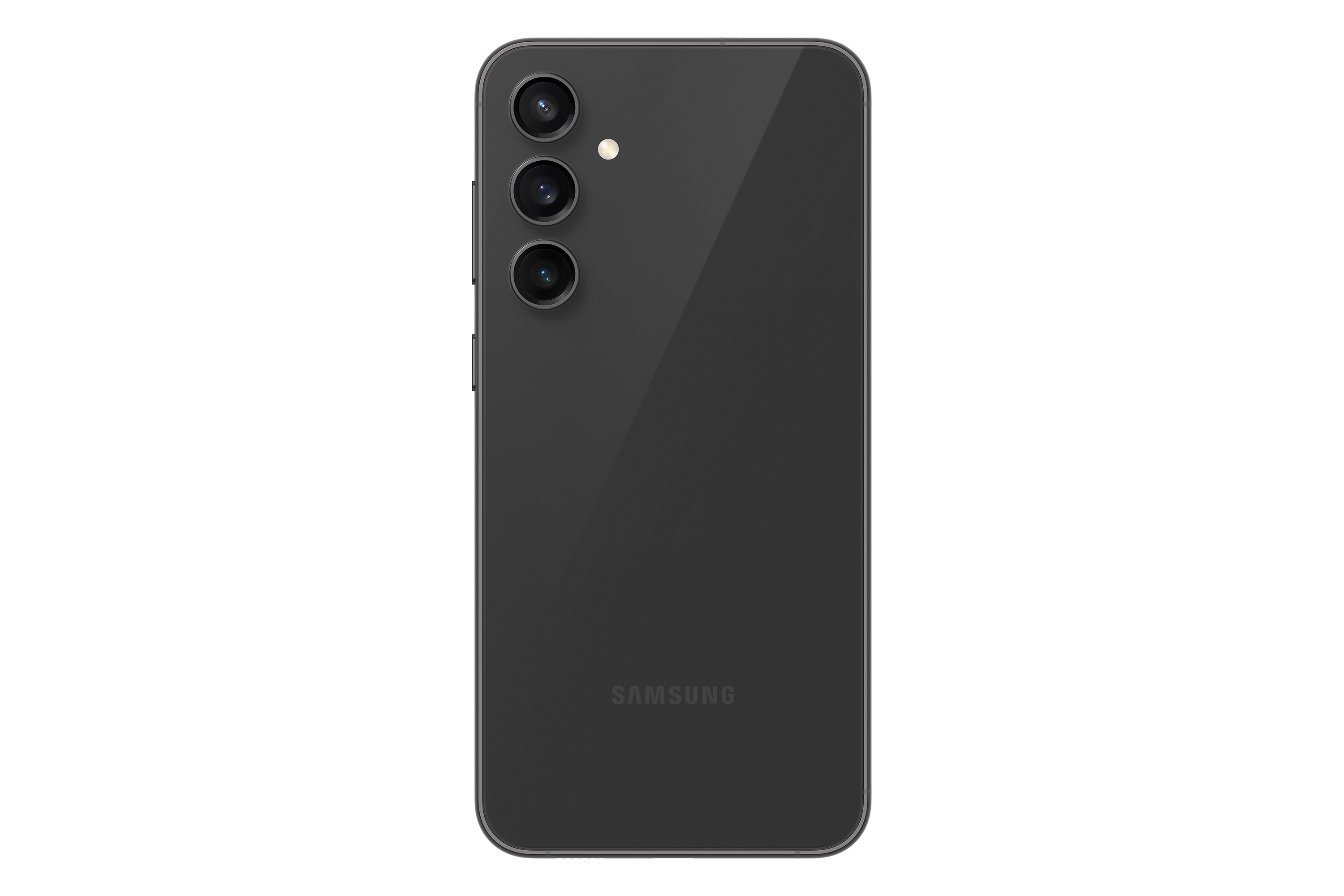 Üçlü kameralı ve Samsung logolu siyah akıllı telefon arkası.