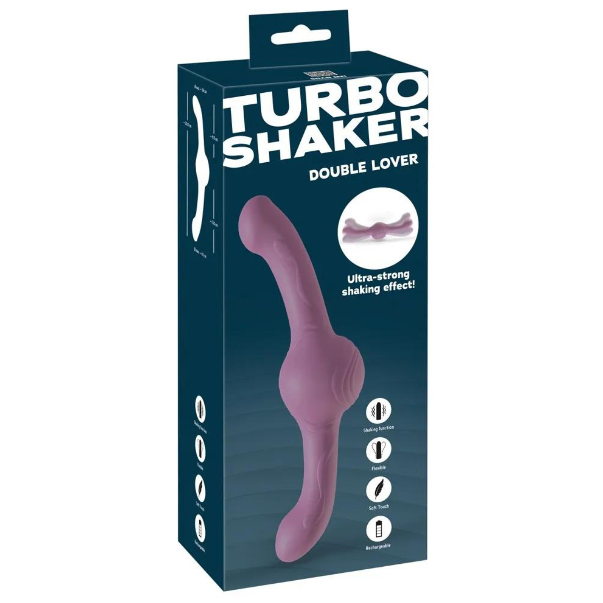 Eine Produktbox für einen Doppel-Vibrator. Er ist rosa und hat Funktionen auf der Verpackung.