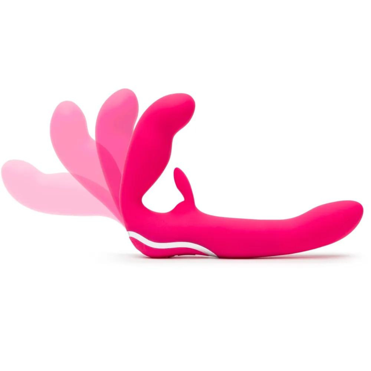 Ein pinkfarbenes Sexspielzeug mit drei rotierenden Flügeln wird auf weißem Hintergrund gezeigt.