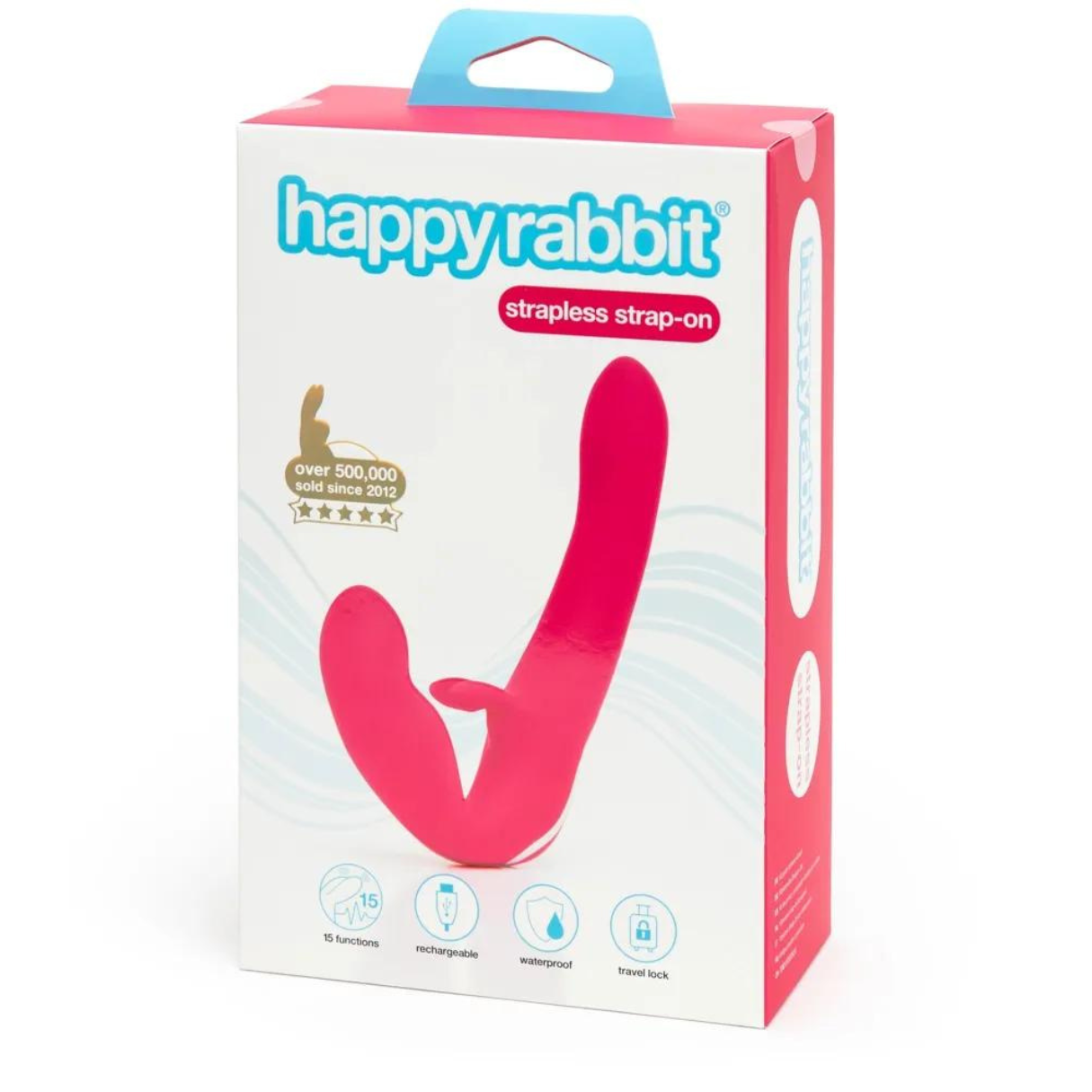 Rosa Strap-On-Sexspielzeug in einer Box. Box mit Illustrationen und Text.