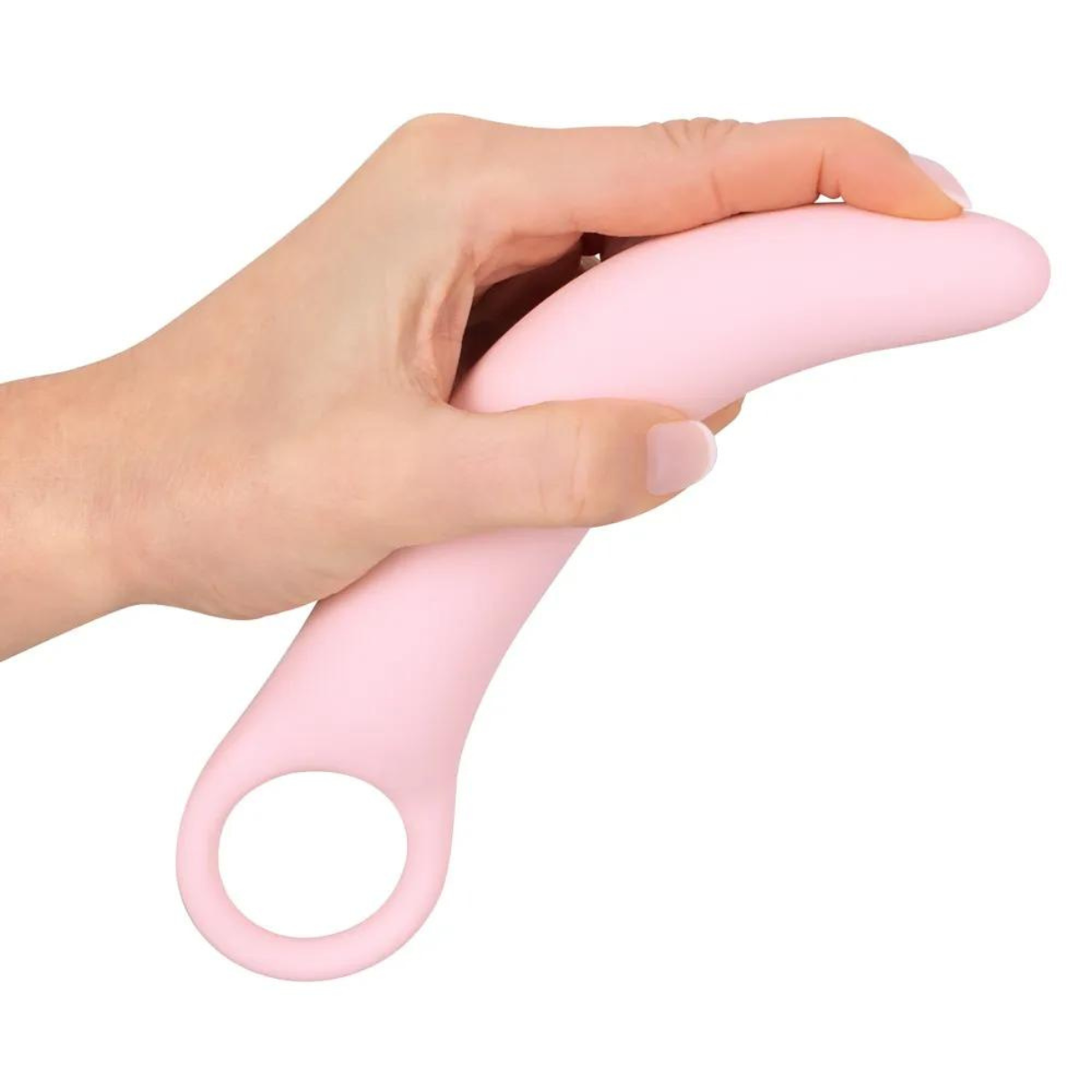 Eine Hand hält ein pinkfarbenes Sexspielzeug. Das Spielzeug hat eine gebogene Form mit einem Ring am Boden.