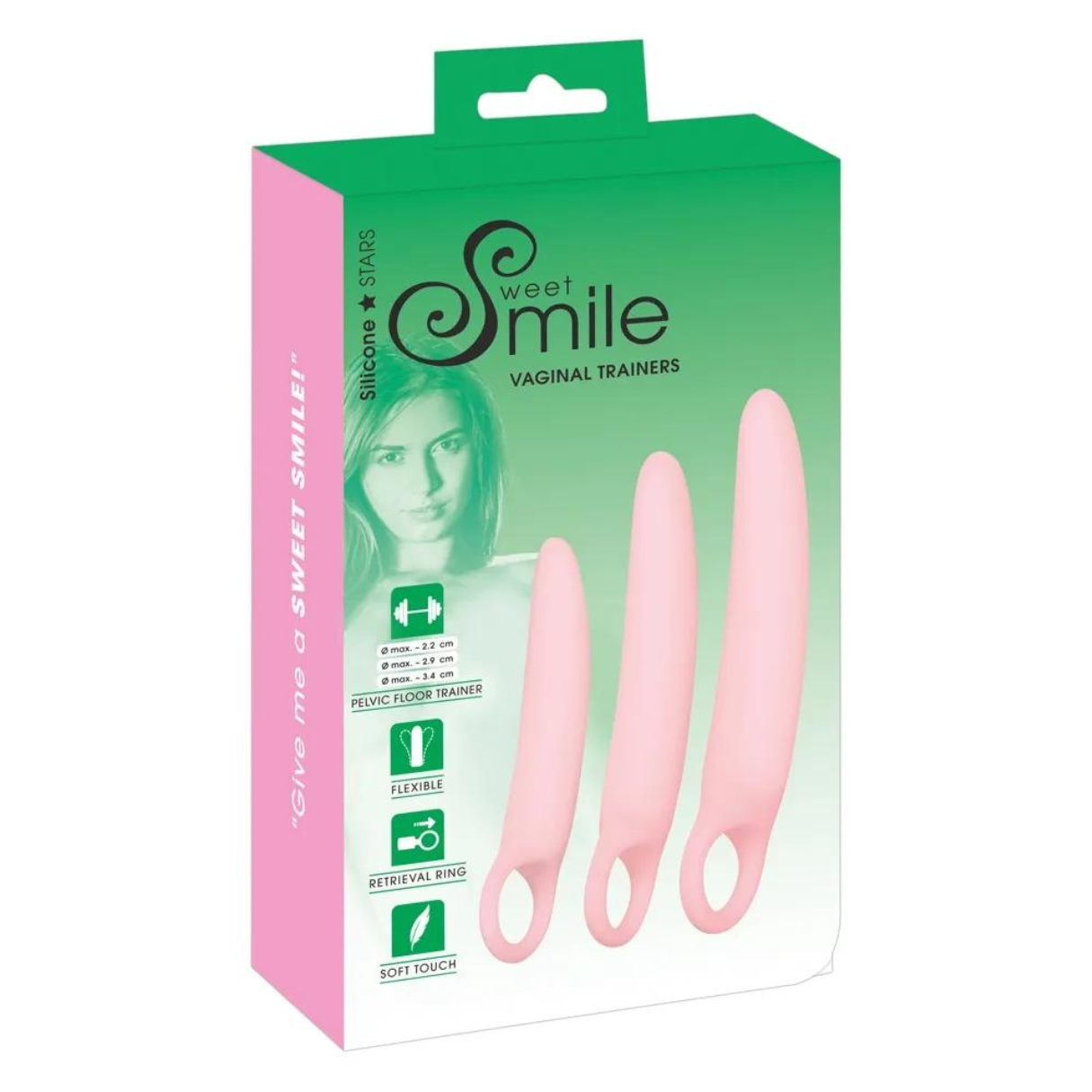 Schachtel für Vaginaltrainer, mit Bild einer Frau und rosa Trainern.
