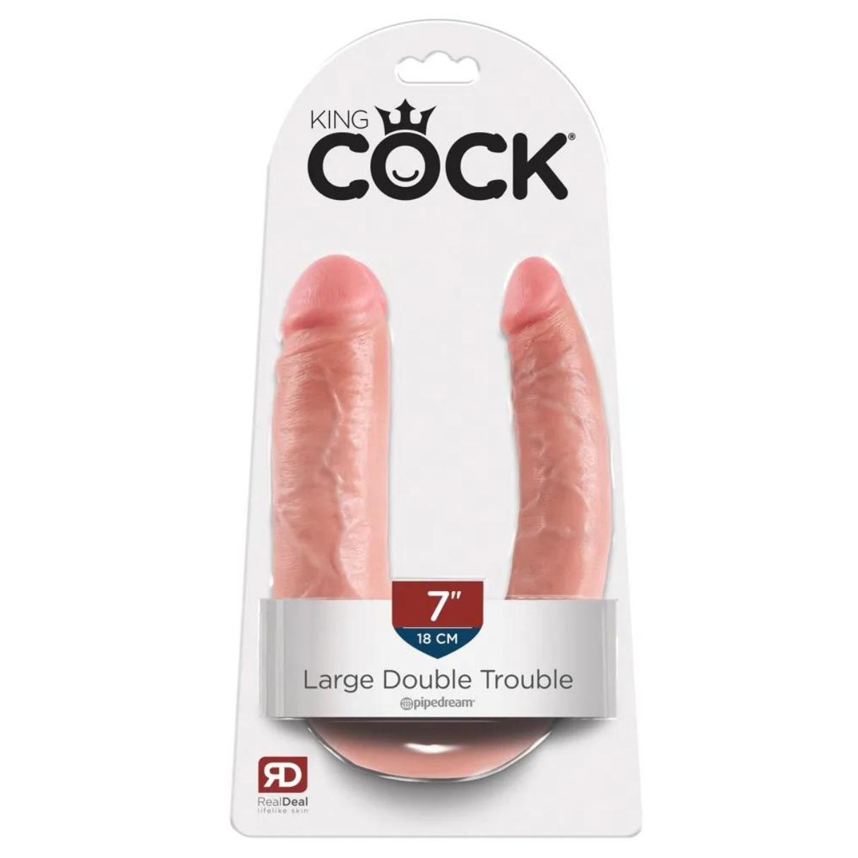 Verpackung zeigt zwei rosa Dildos, beschriftet mit 'King Cock', 'Large Double Trouble'. Größe ist 7 Zoll.