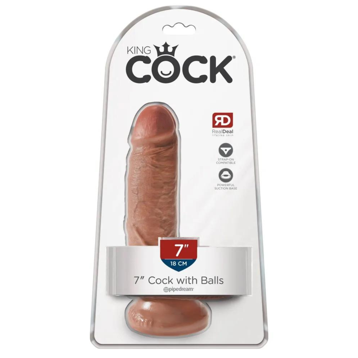 Eine Verpackung für ein Sexspielzeug. Das Spielzeug ist braun und hat eine 7-Zoll-Größenangabe. Der Markenname ist King Cock.