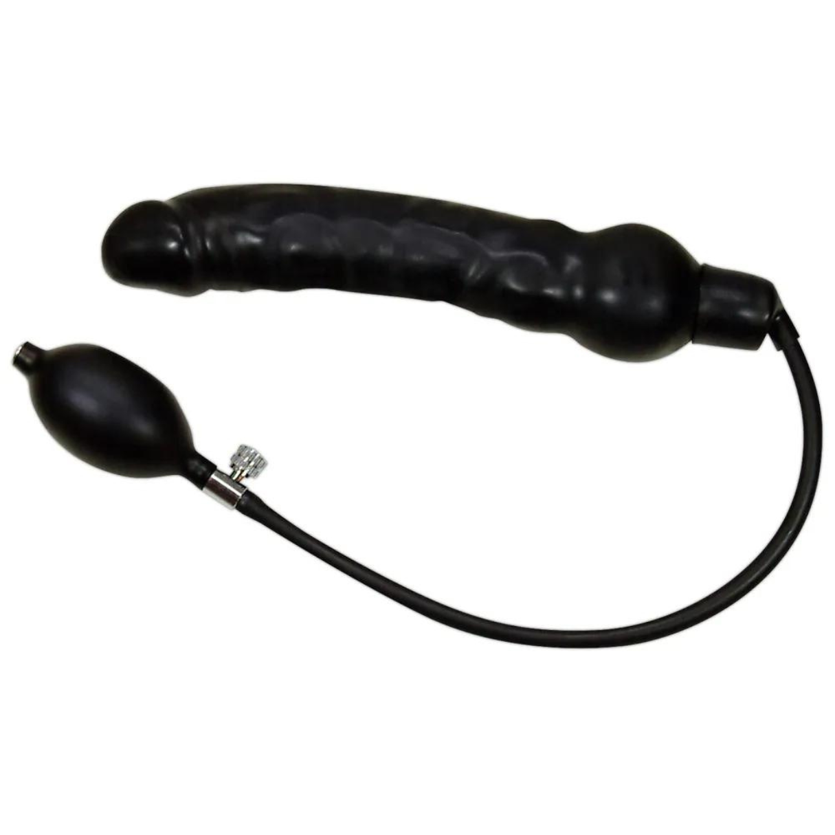 Ein schwarzes, geripptes aufblasbares Sexspielzeug mit einer durch einen schwarzen Schlauch befestigten Ballpumpe.