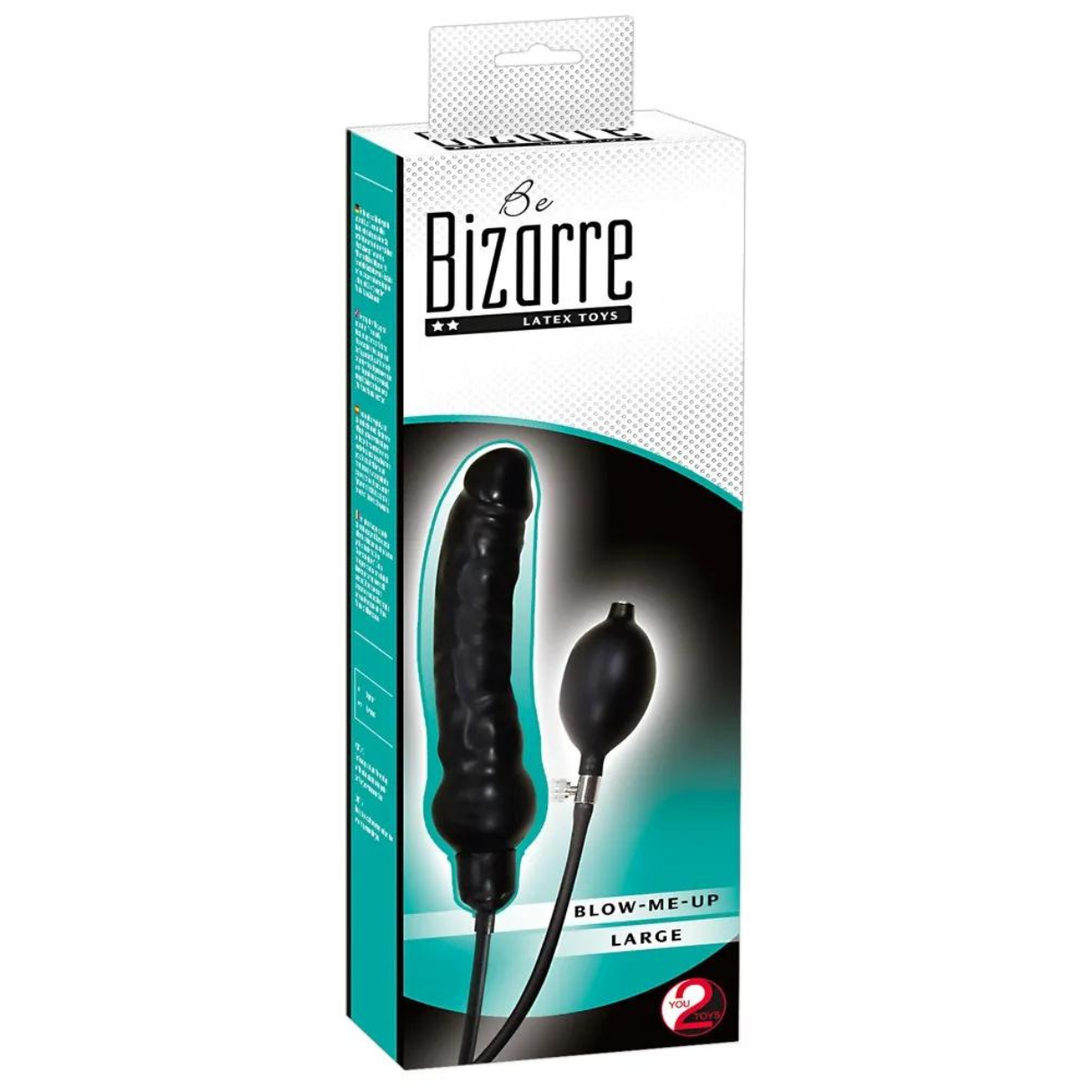 Schwarzes Sexspielzeug in einer Box. Das Spielzeug ist groß und hat einen Ball. Produktaufnahme.