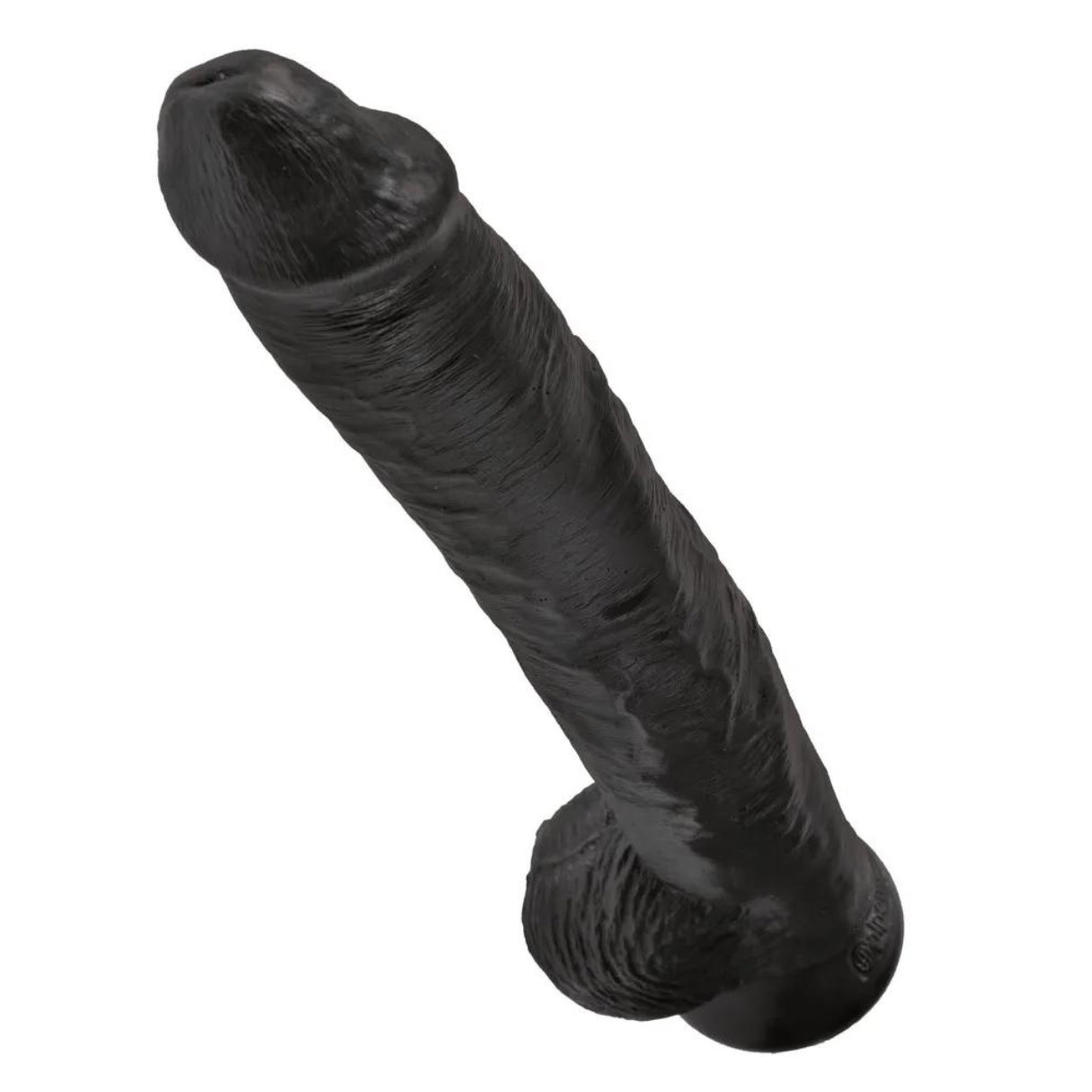Ein schwarzer, strukturierter Dildo mit abgerundetem Kopf und gebogenem Schaft, isoliert auf weißem Hintergrund.