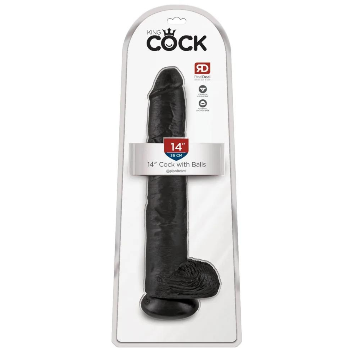 Schwarzer Dildo in Verpackung. Die Verpackung enthält Markenname und Produktdetails.