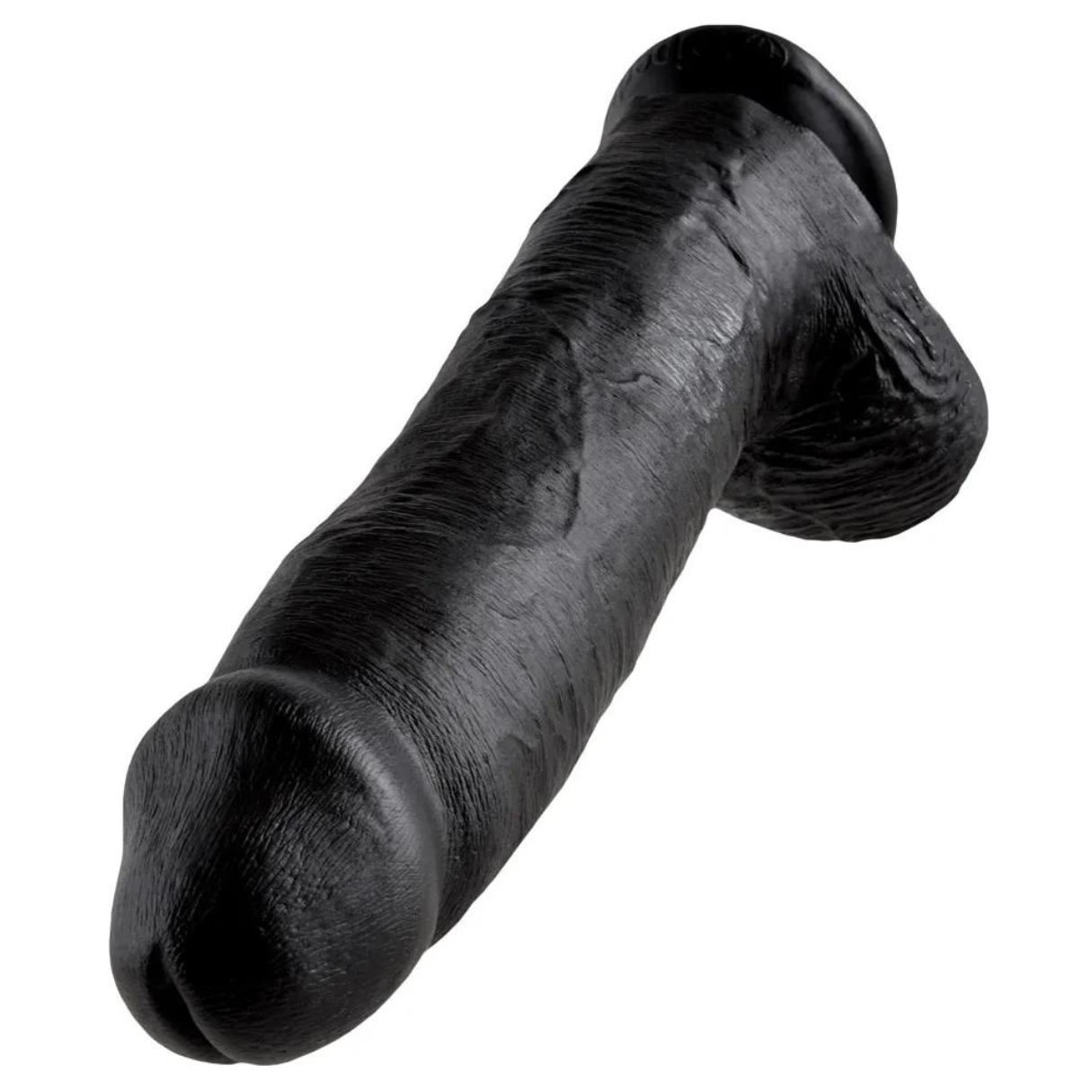 Schwarzer Dildo mit strukturierter Oberfläche. Schräge Ansicht, weißer Hintergrund.