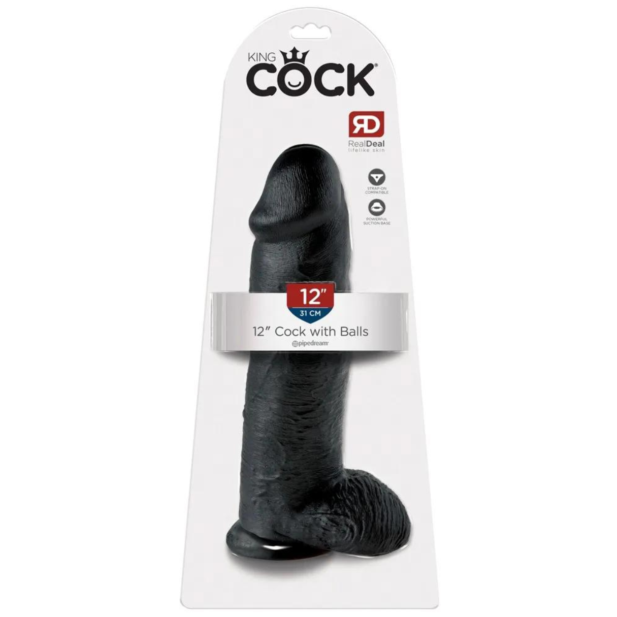 Schwarzer Dildo in einer Verpackung. Text: '12" Cock with Balls'.