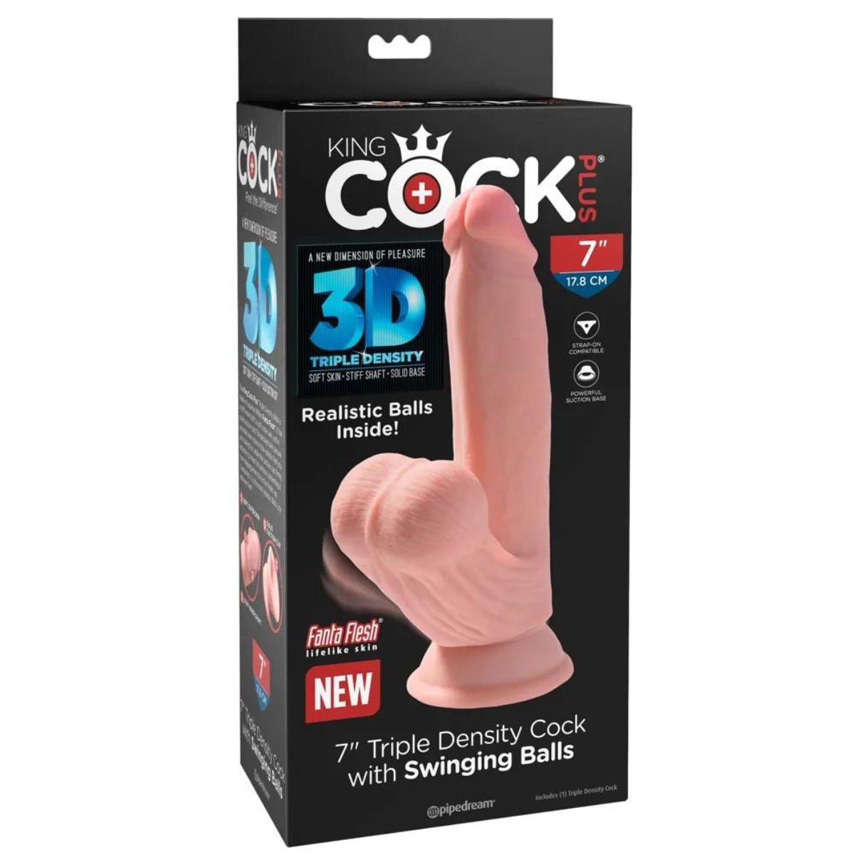 Ein rosa Sexspielzeug wird in seiner Verpackung gezeigt. Auf der Verpackung steht 'King Cock' und '7" Triple Density Cock with Swinging Balls'.