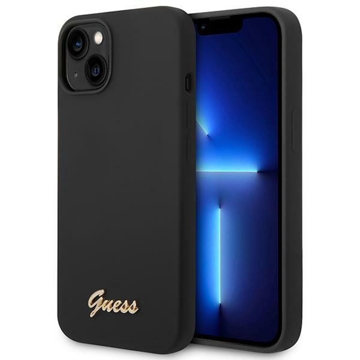 Schwarze Handyhülle mit goldenem "Guess"-Logo. Ein Telefon mit blauem Bildschirm ist drin. Weißer Hintergrund.