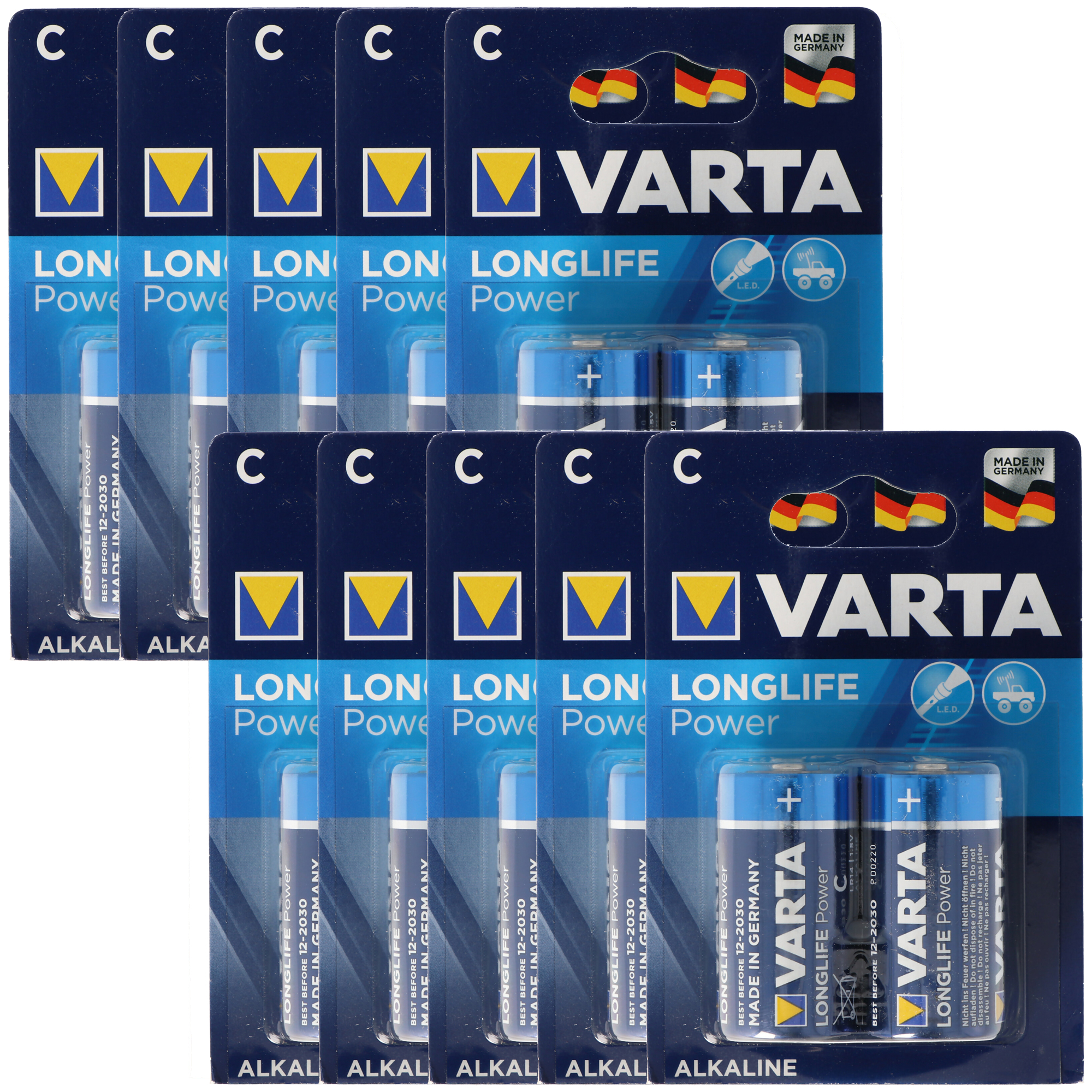 Mehrere Packungen Varta Longlife C Batterien. Die Packungen zeigen Batterien und das Varta-Logo. Made in Germany.
