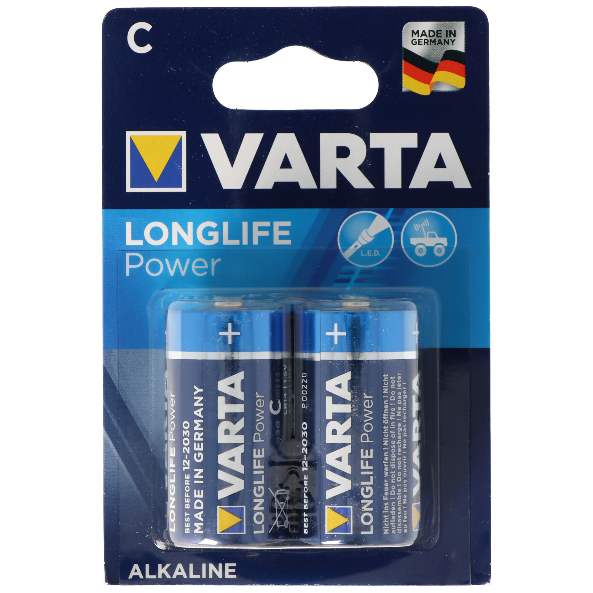 Zwei Varta Longlife Power Batterien in einer blau-weißen Blisterpackung.
