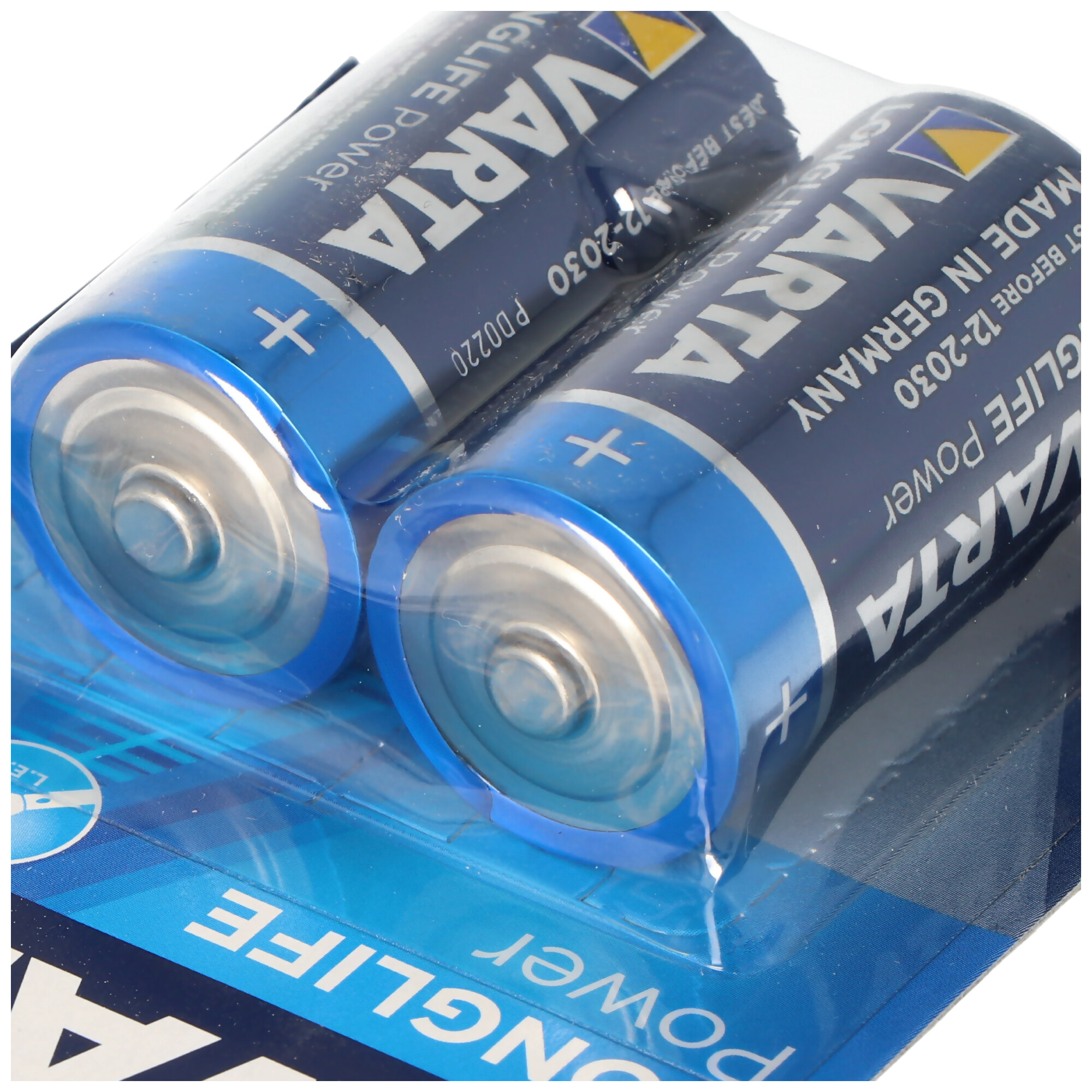Zwei Varta AA Batterien in einer transparenten Kunststoffverpackung, mit blau-weißen Etiketten.