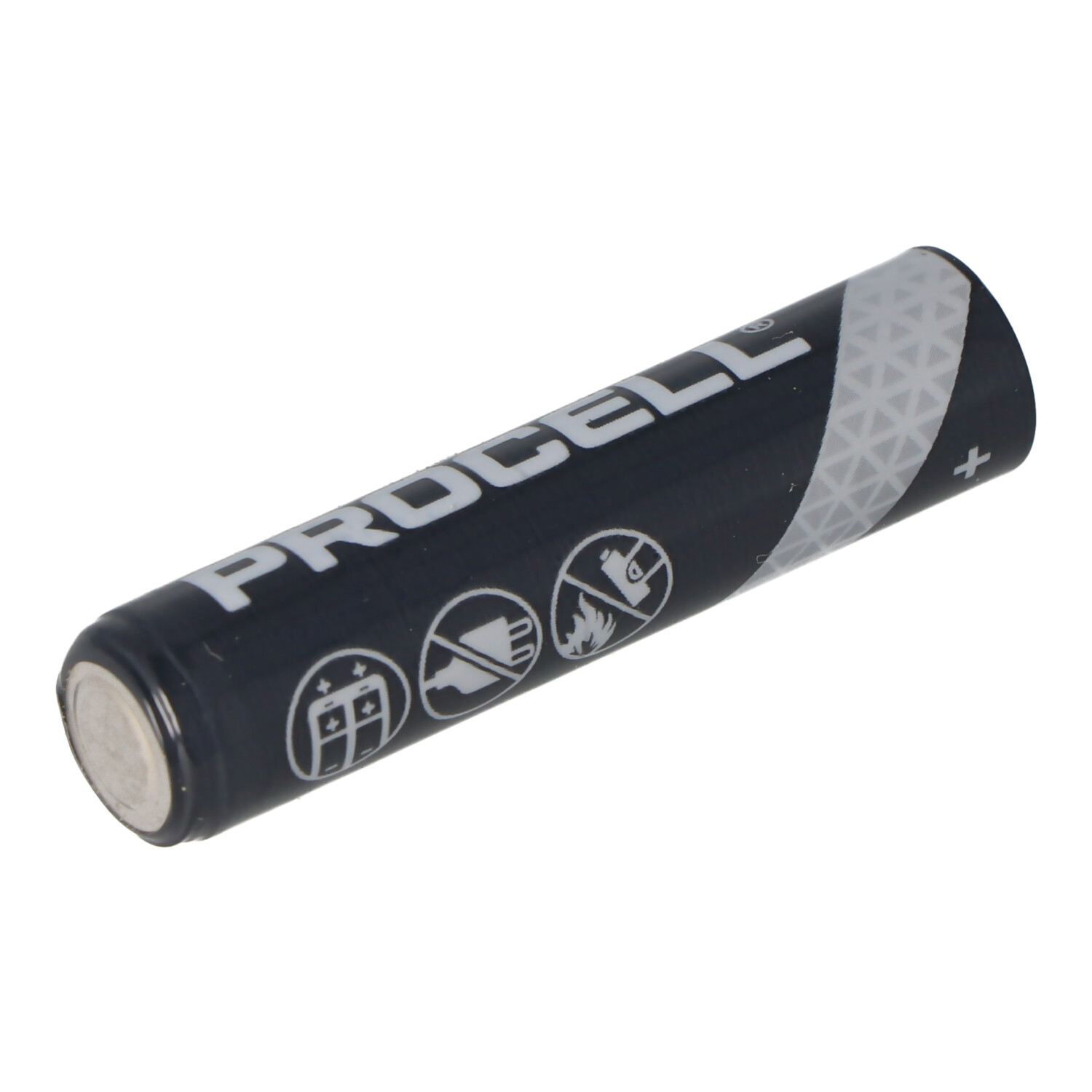 Schwarze Procell-Batterie mit Symbolen für Nichtgebrauch und Pluszeichen.