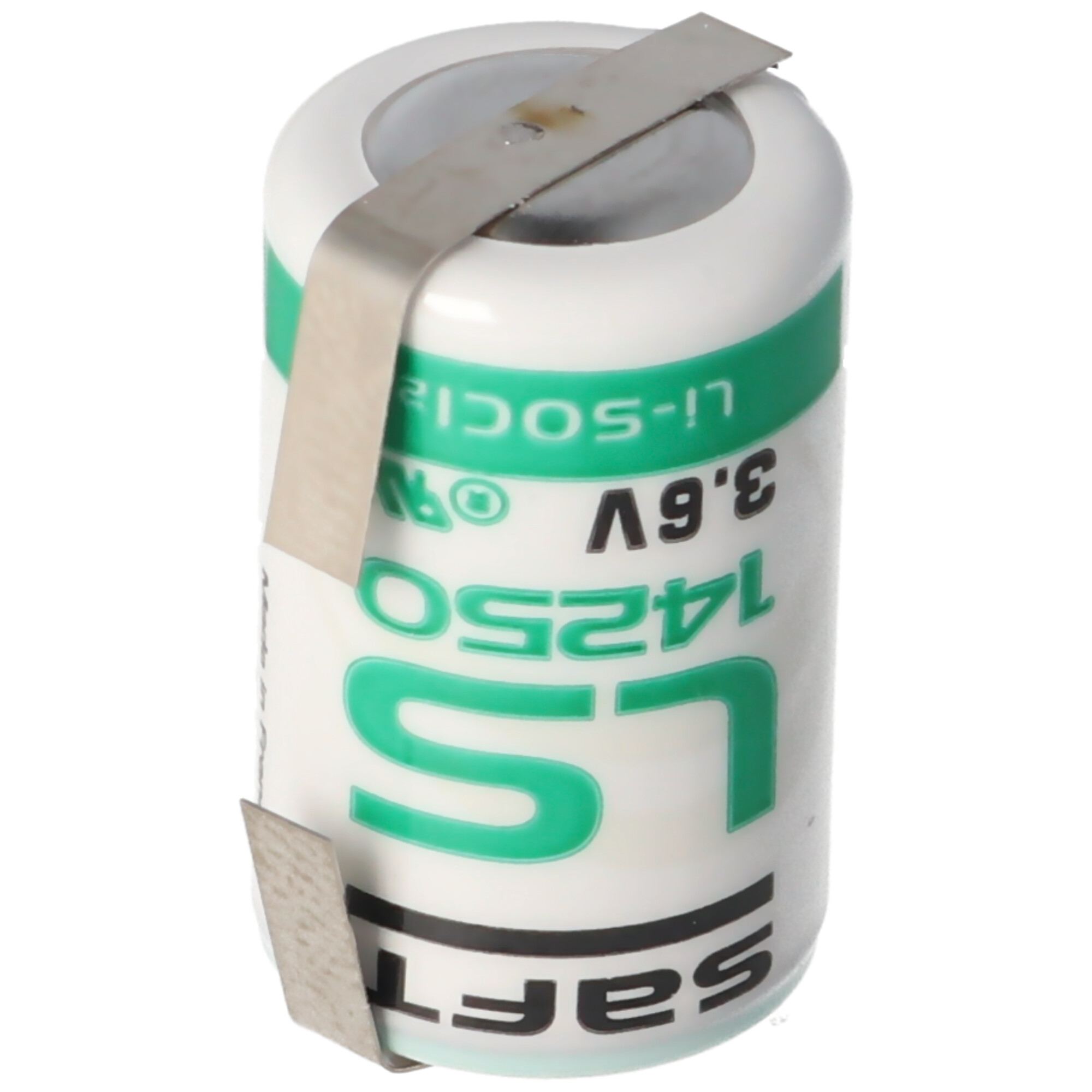 Eine zylindrische Batterie mit grünen und weißen Etiketten und einem Metallclip.