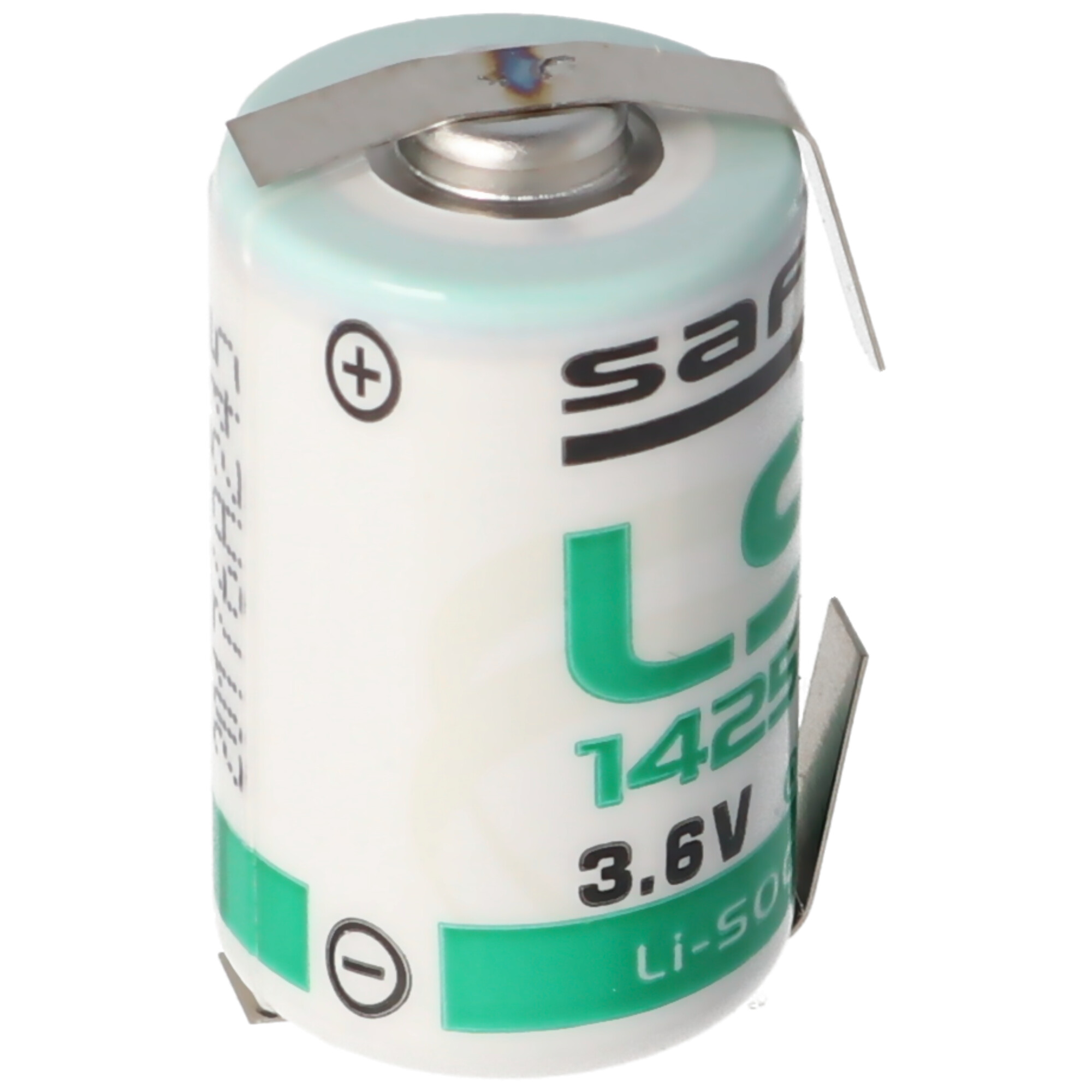 Eine Saft-Batterie ist weiß und grün, mit Plus- und Minus-Symbolen. Sie ist zylindrisch.